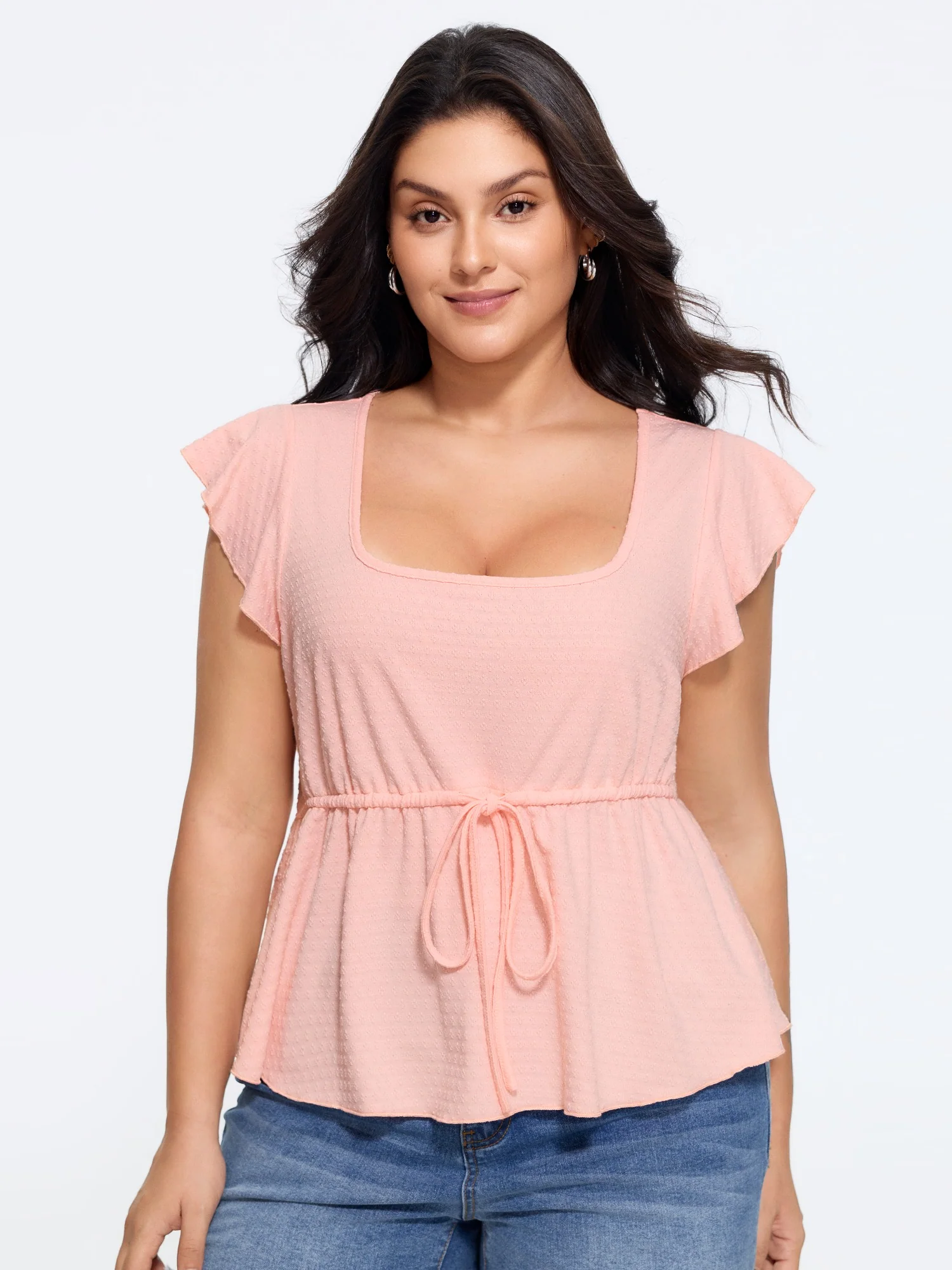 Texture Flutter Sleeve Drawstring Peplum Blouse