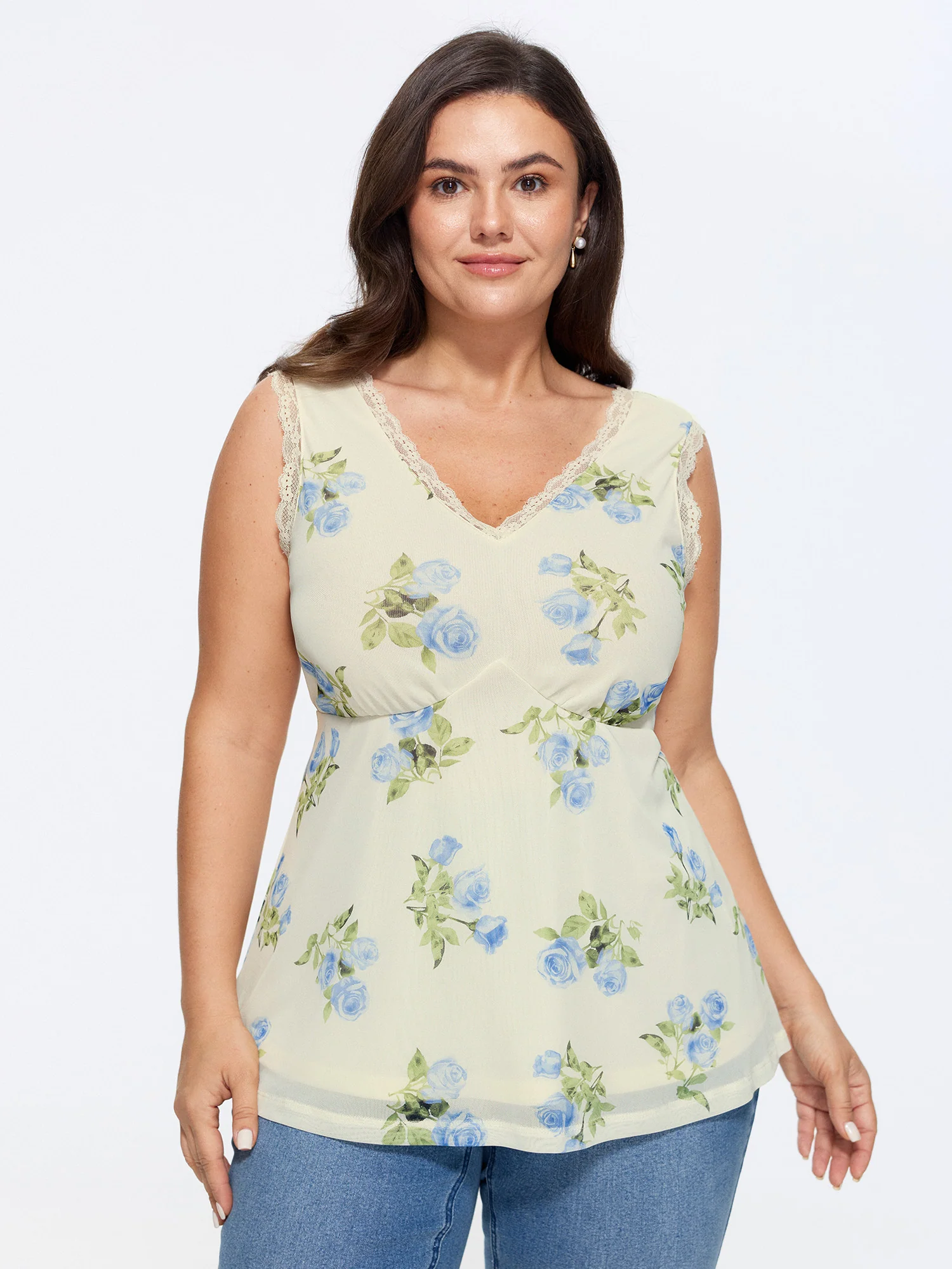 Floral Print Lace Neckline Sleeveless Tank Top