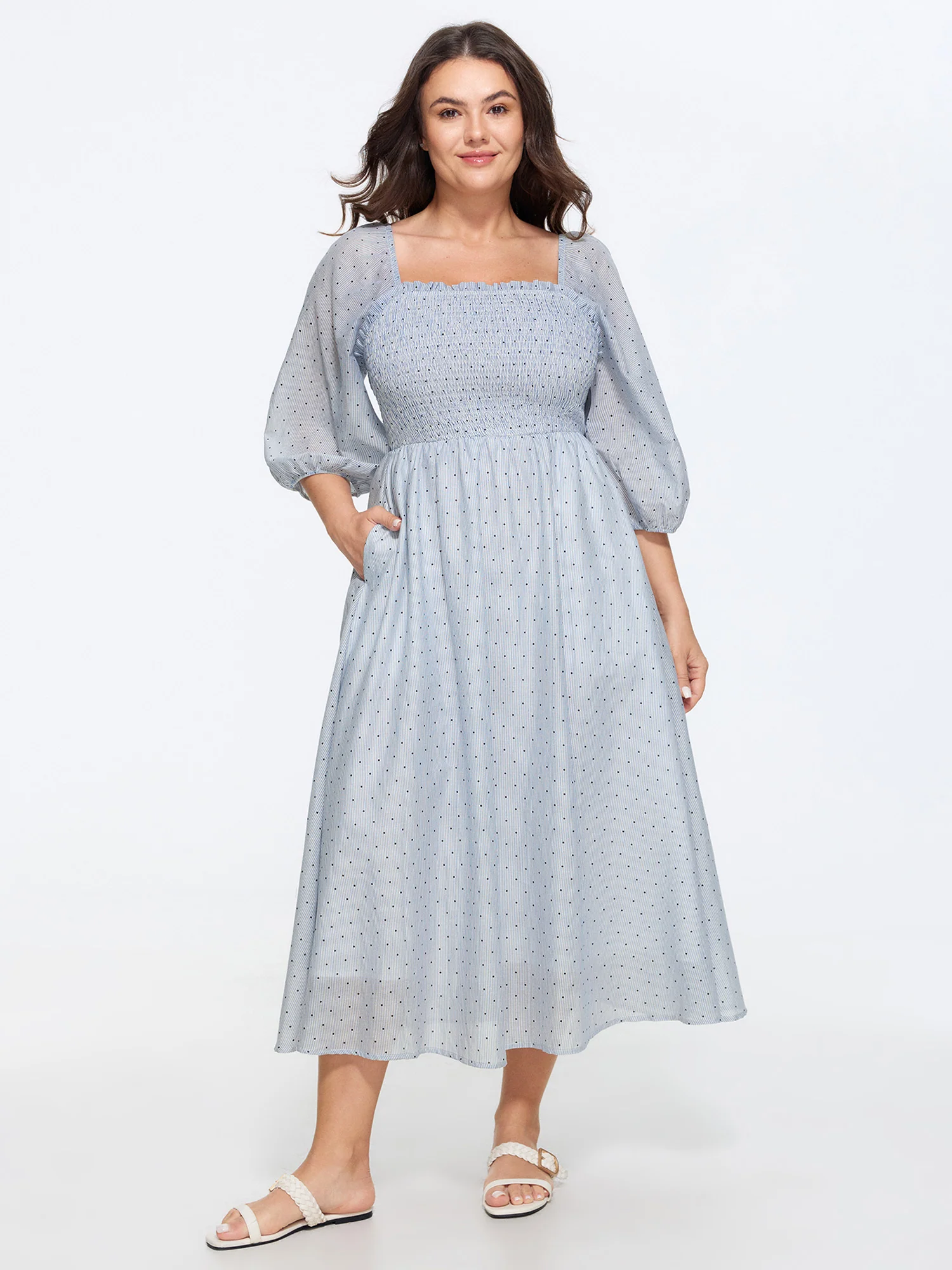 Cotton Polka Dot Print Pocket Midi Dress