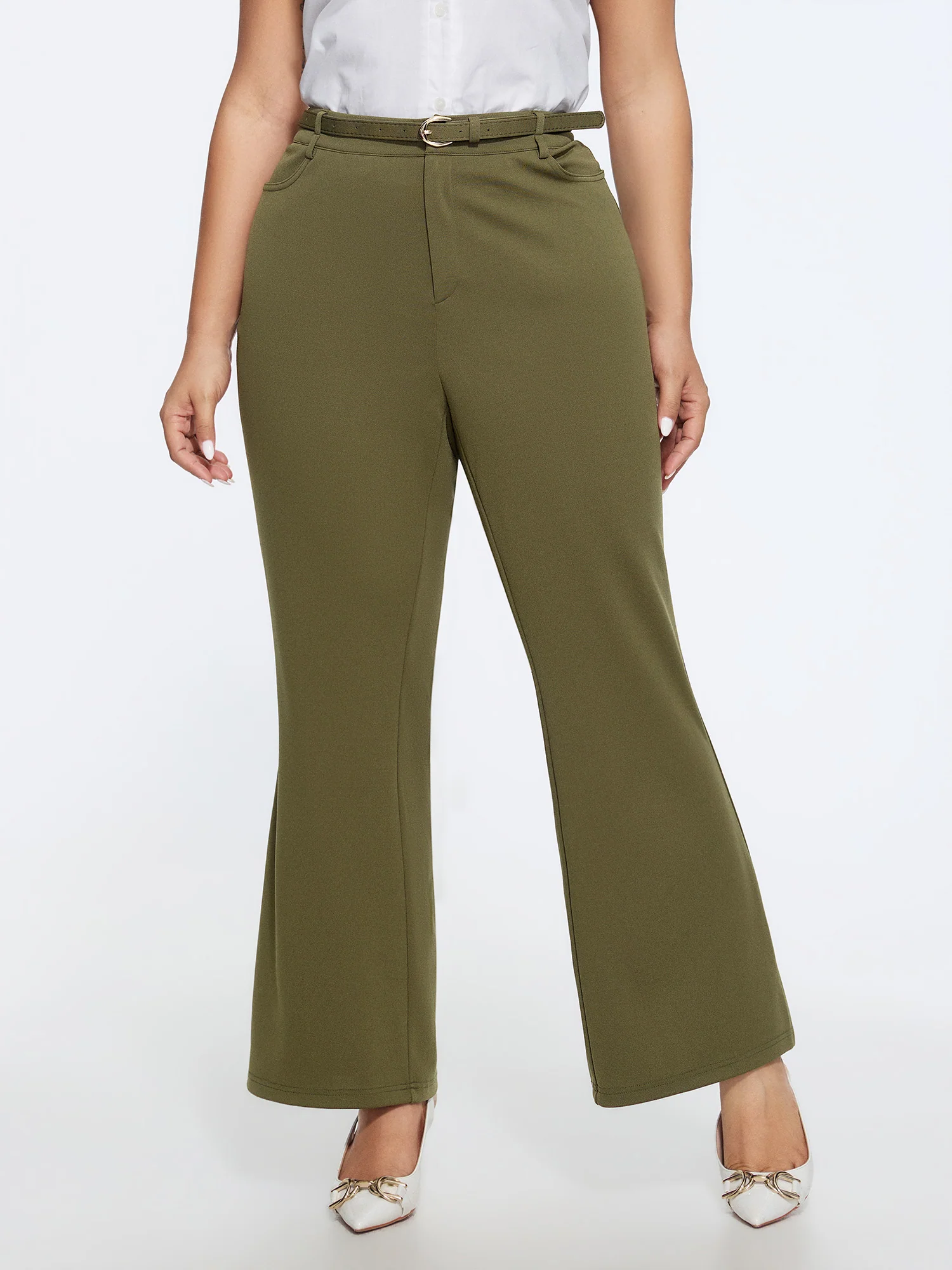 Matching Belt High Waist Pocket Bootcut Pants