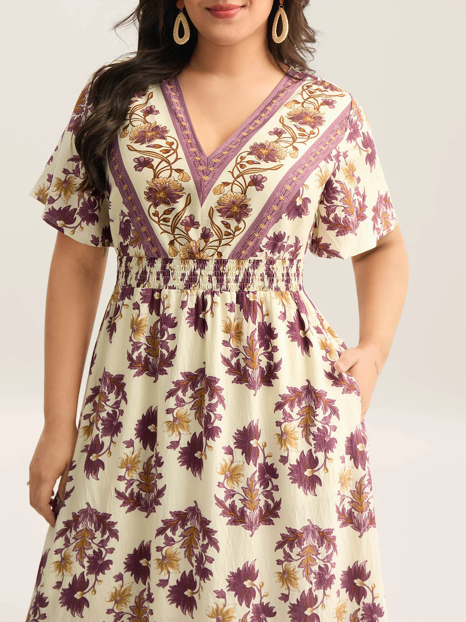 Rayon Floral Print Stretchy Waist Midi Dress