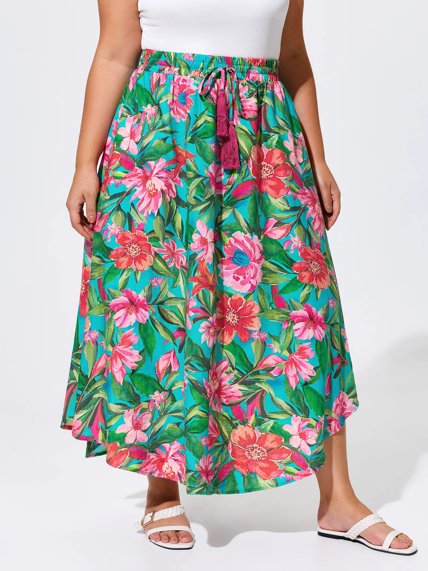 Floral Print Drawstring Waist Arc Hem Maxi Skirt