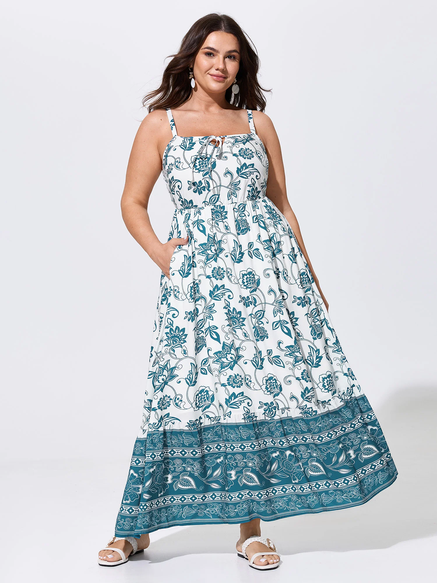 Floral Print Neck-Tie Color Contrast Maxi Dress