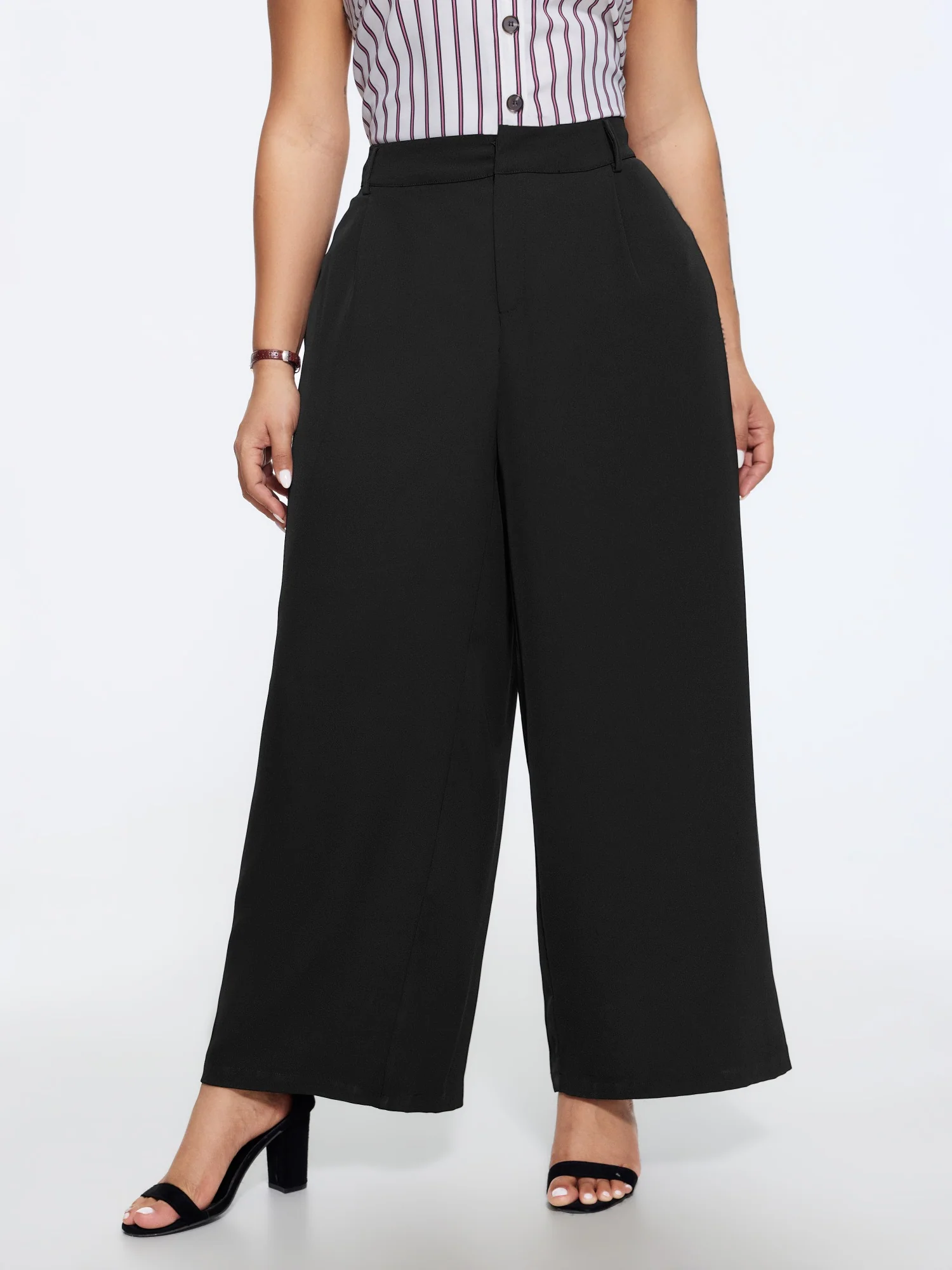 Solid High Waist Front Pleat Wide Leg Pants