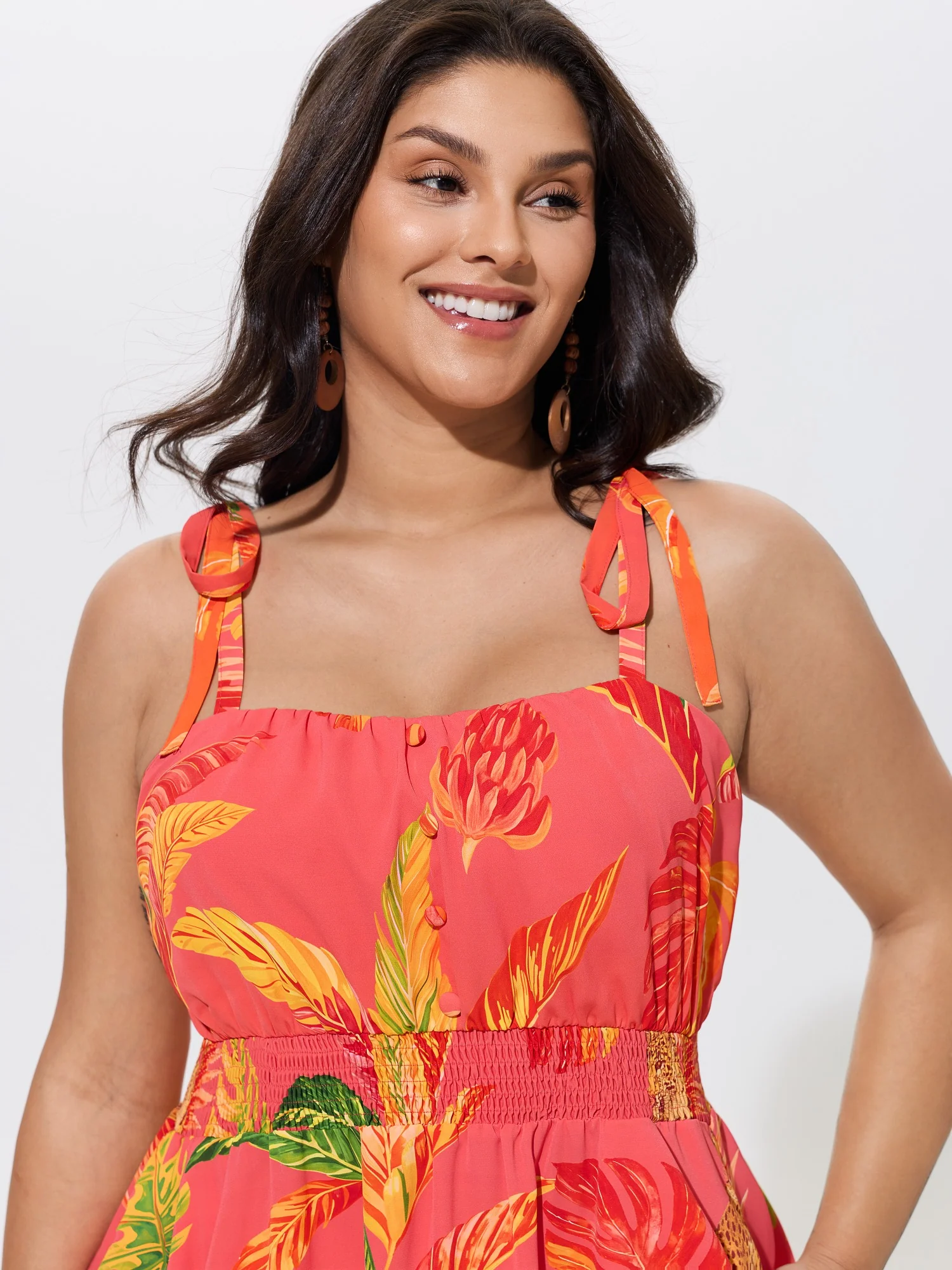 Tropical Leaf Print Shirred Tie Shoulder Maxi Dress