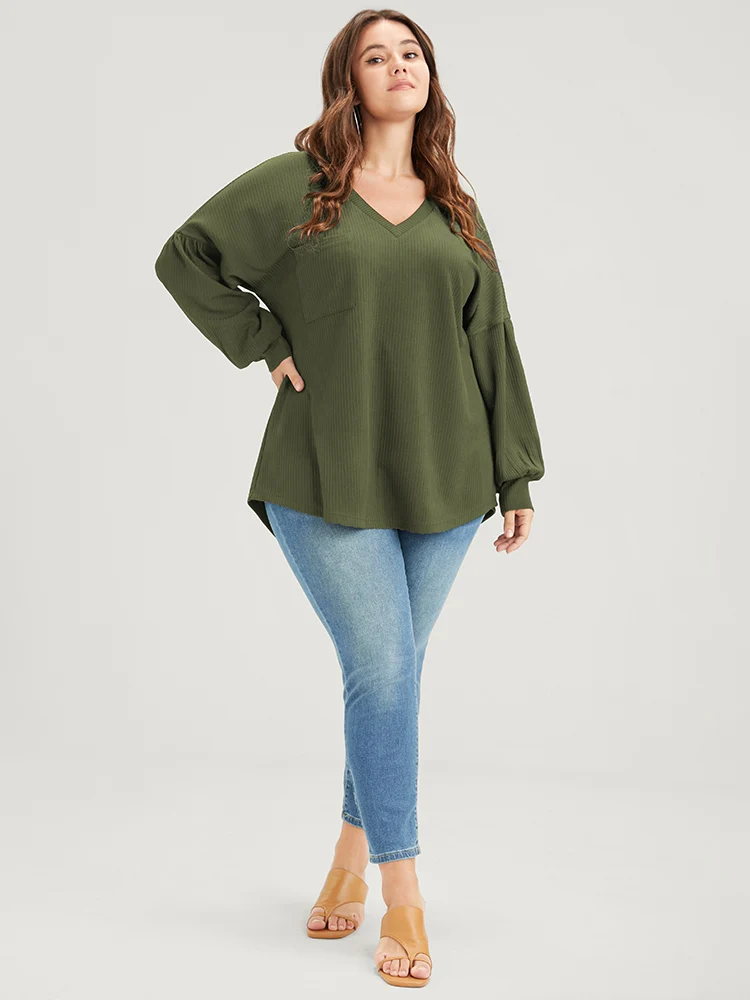 Solid Drop Shoulder Pocket Arc Hem Rib Knit Sweatshirt