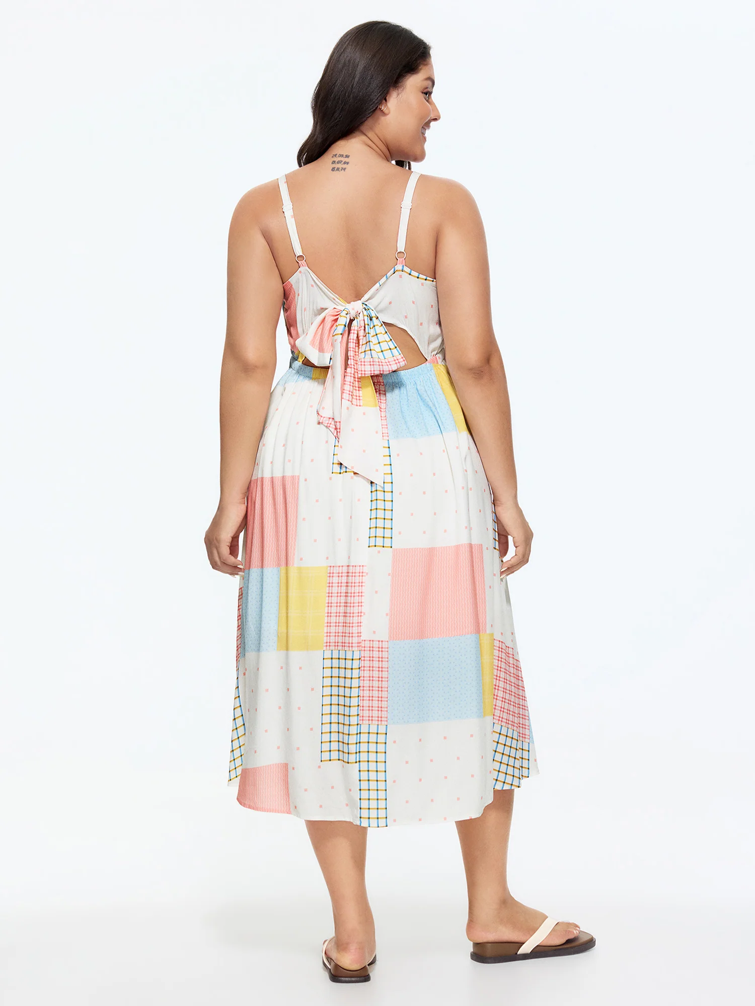 Colorful Patchwork Print Bow Back Midi Dress