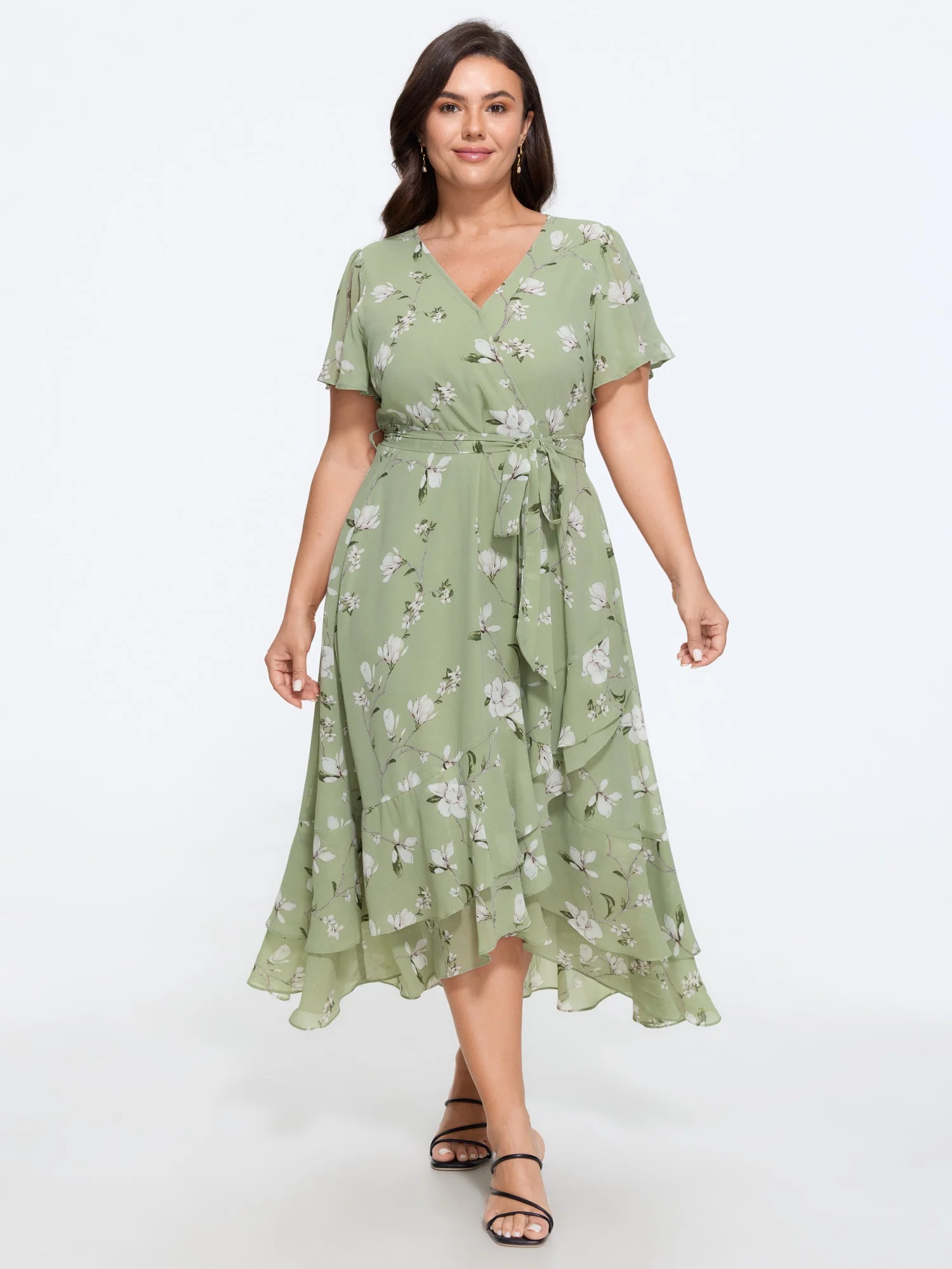 Floral Print Ruffle Wrap Tie Midi Dress