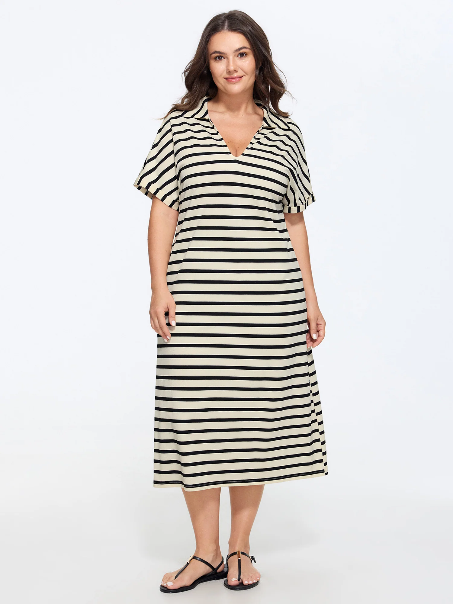 Stretchy Striped Print Collared Midi Dress