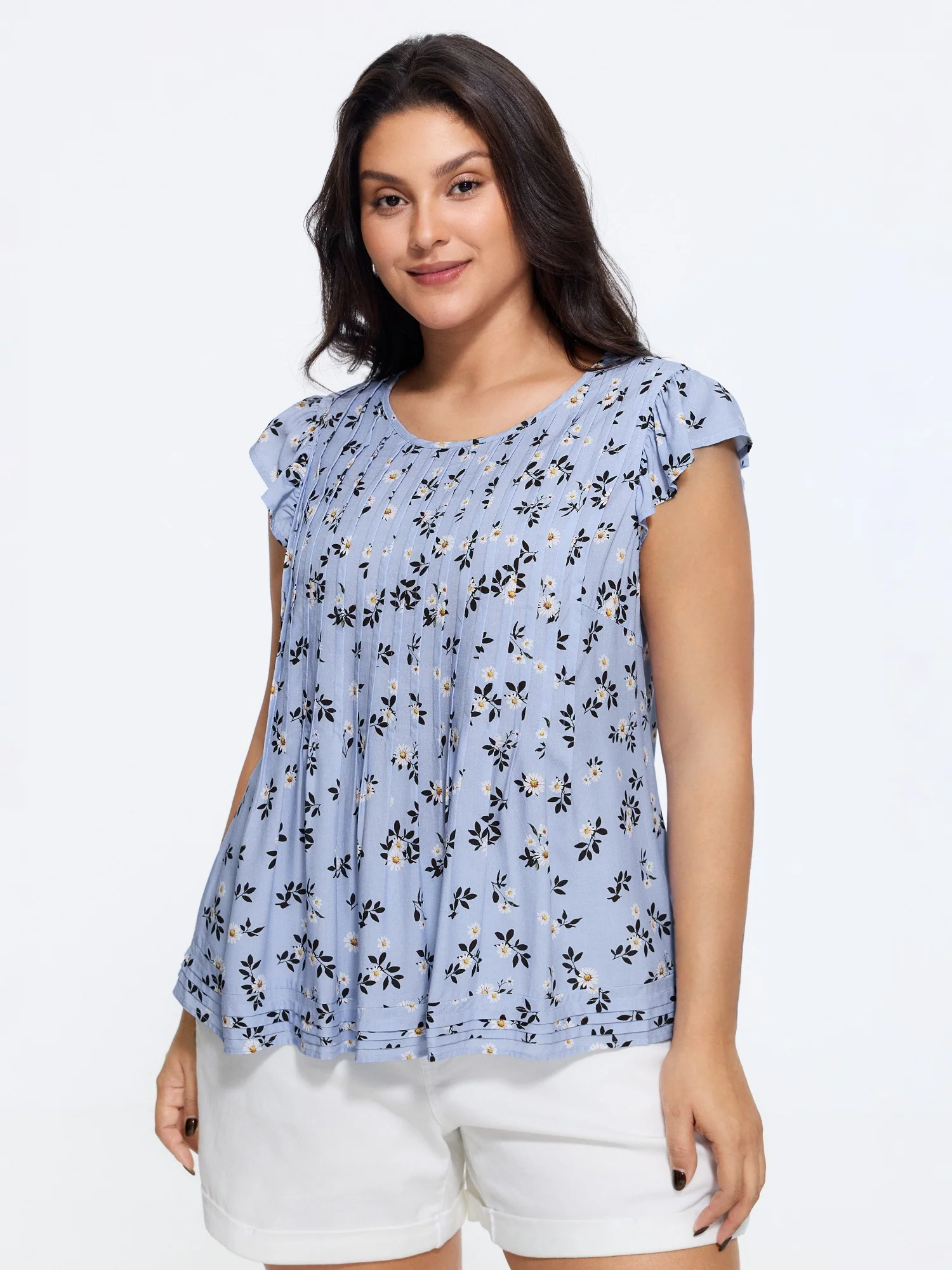 Floral Print Toothpick Pleat Blouse
