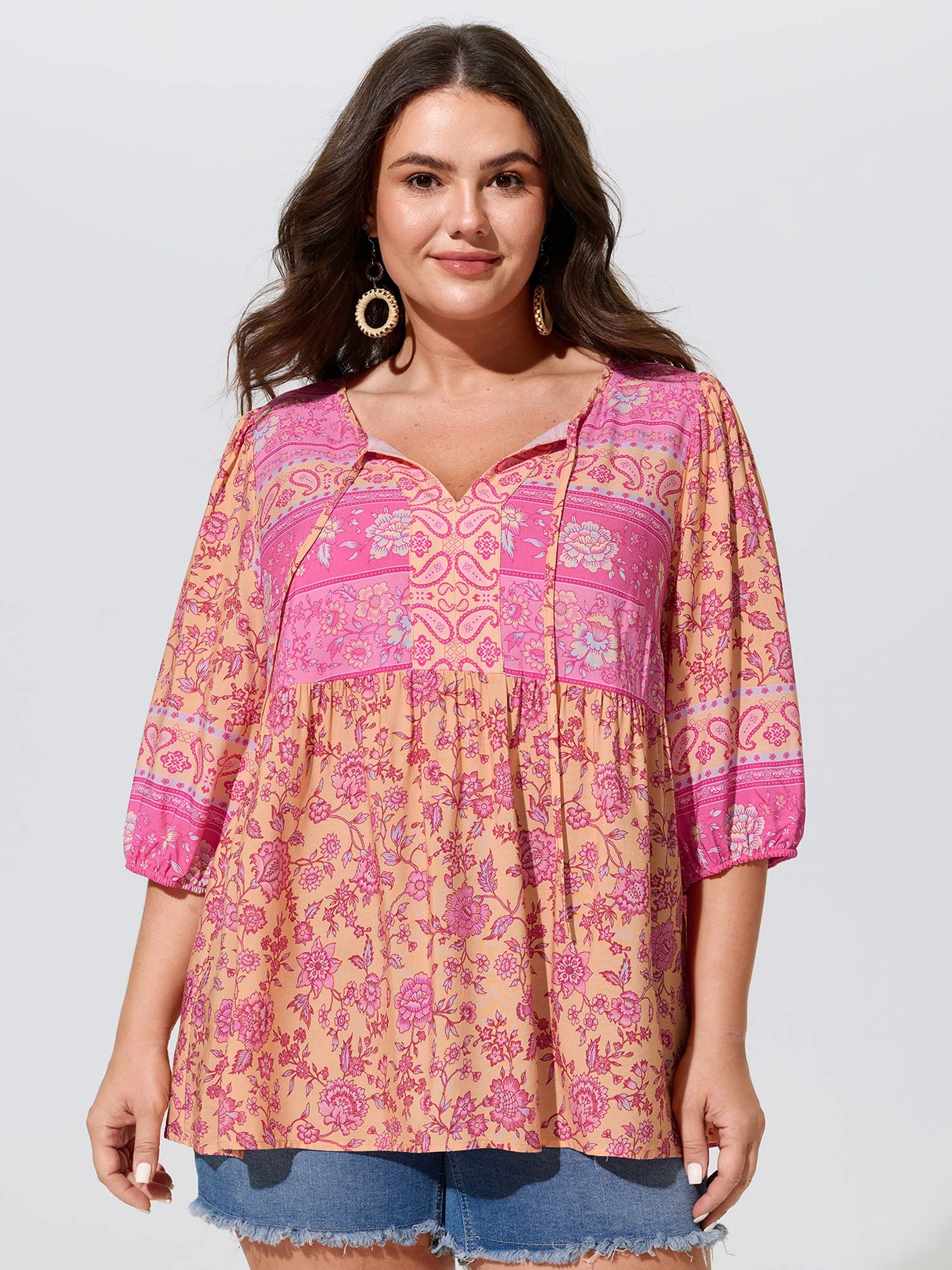 Color Block Paisley Print Babydoll Blouse