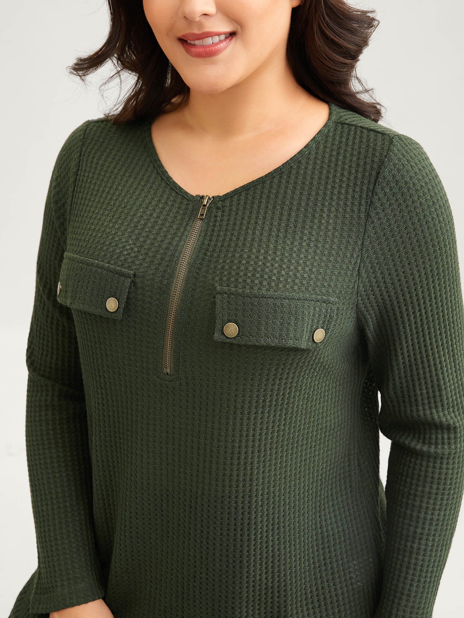 Half Zipper Flap Detail Pockets Knit Top