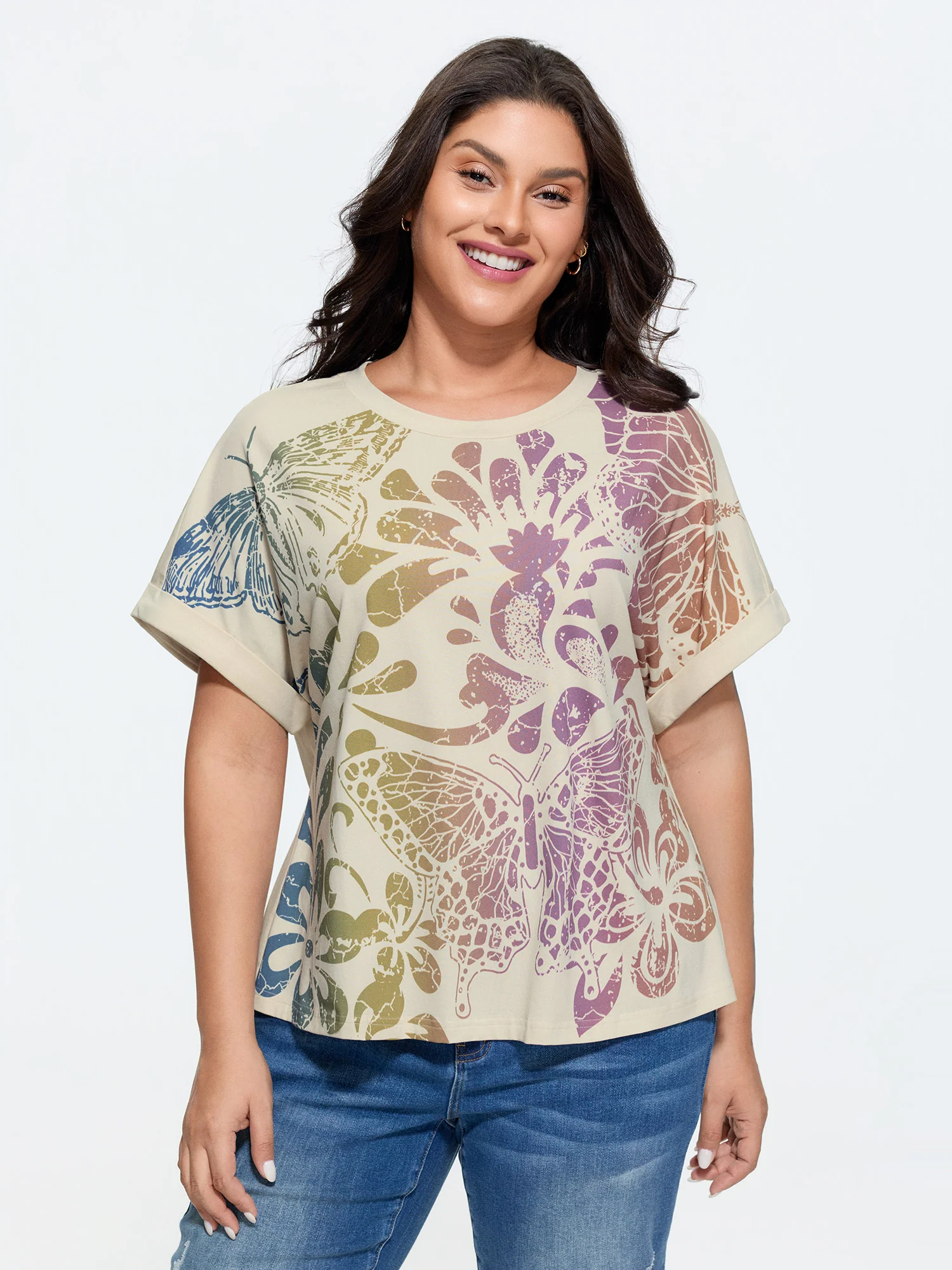 Cotton Colorful Floral Print Flared Sleeve T-Shirt