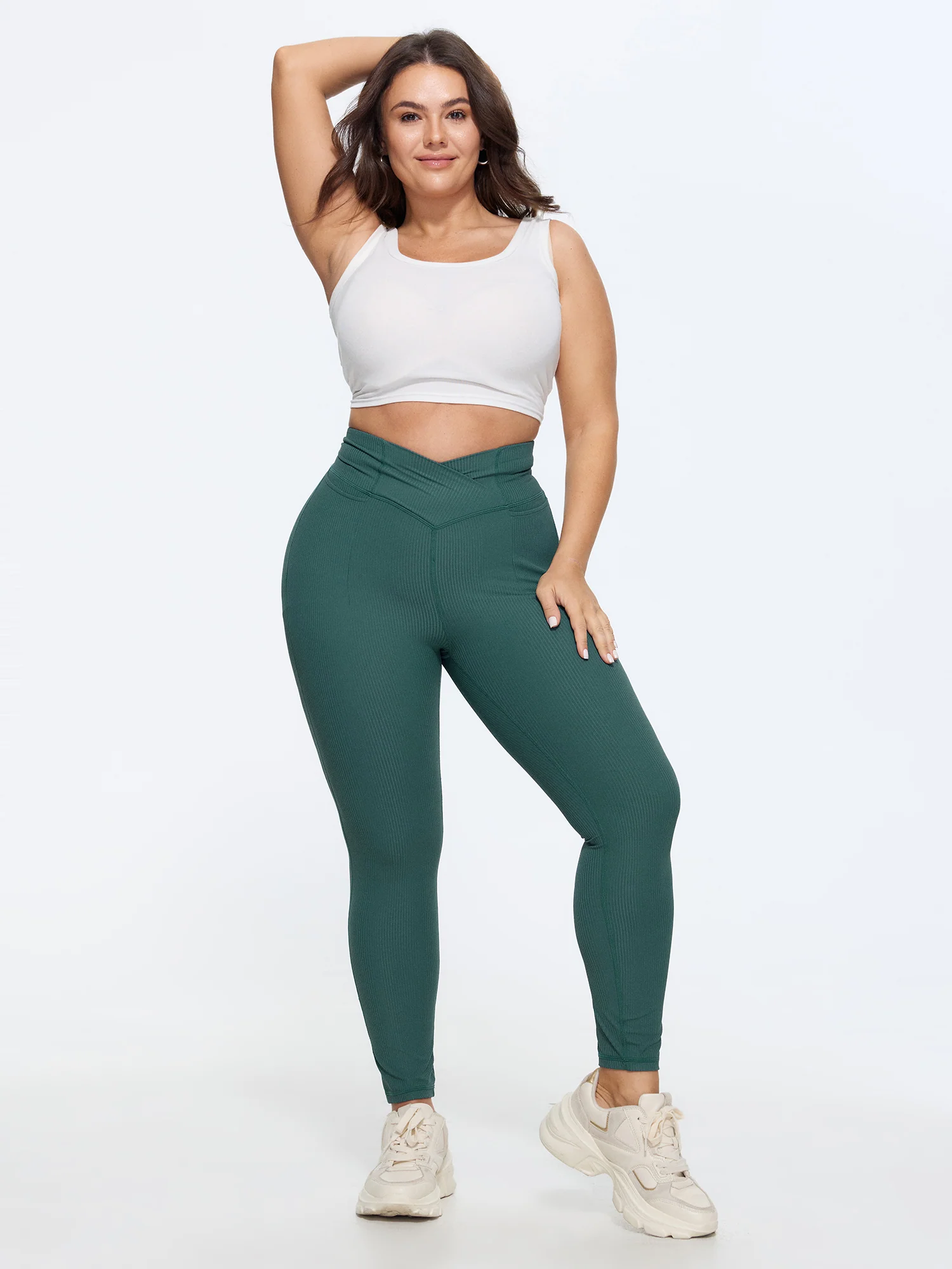 Stretchy Overlap Waist Textured Pocket Leggings