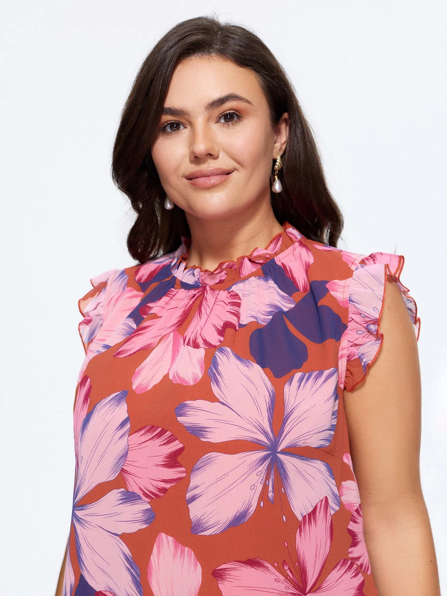 Large Floral Print Mock Neck Flutter Sleeve Blouse