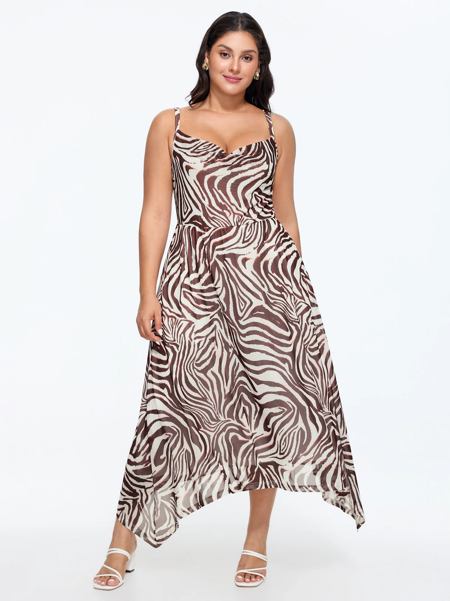 Stretchy Zebra Print Asymmetrical Hem Midi Dress