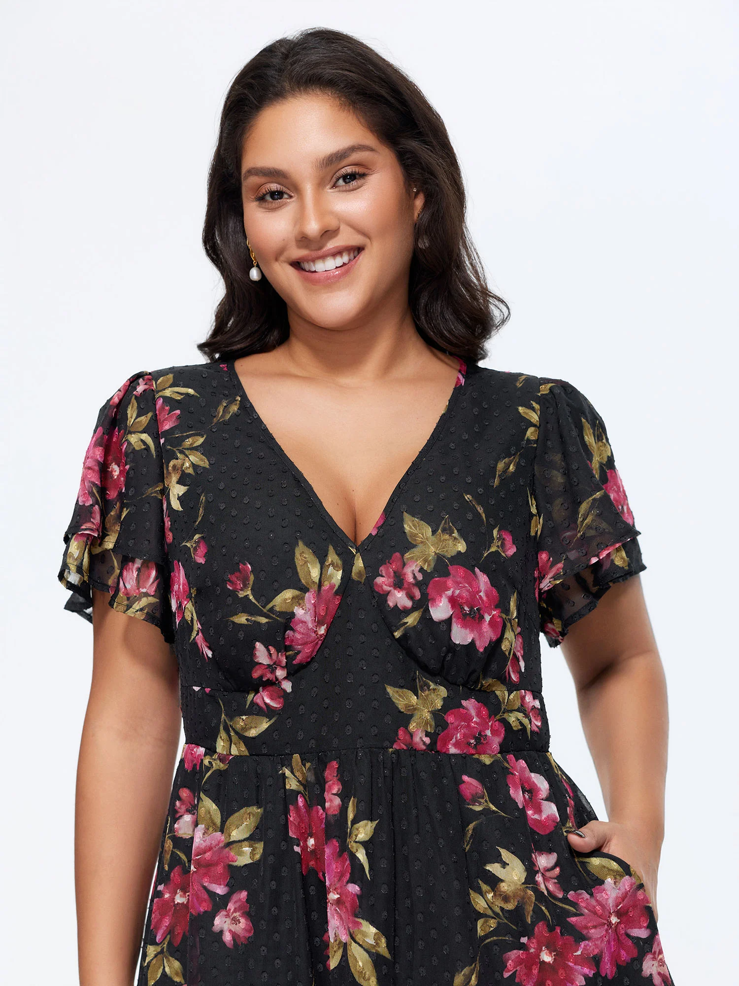 Romantic Floral Print Layered Sleeve Midi Dress