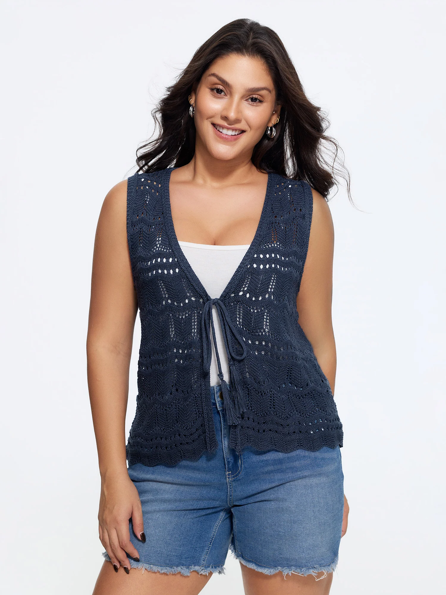 Hollow Out Scalloped Hem Front Tie Sweater Vest