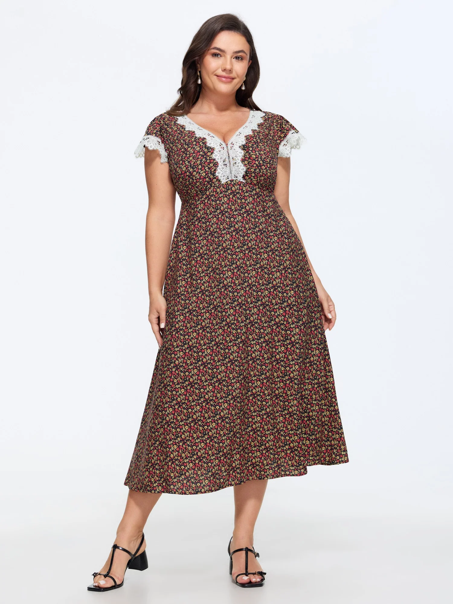 Micro-Floral Print Lace Trim Midi Dress
