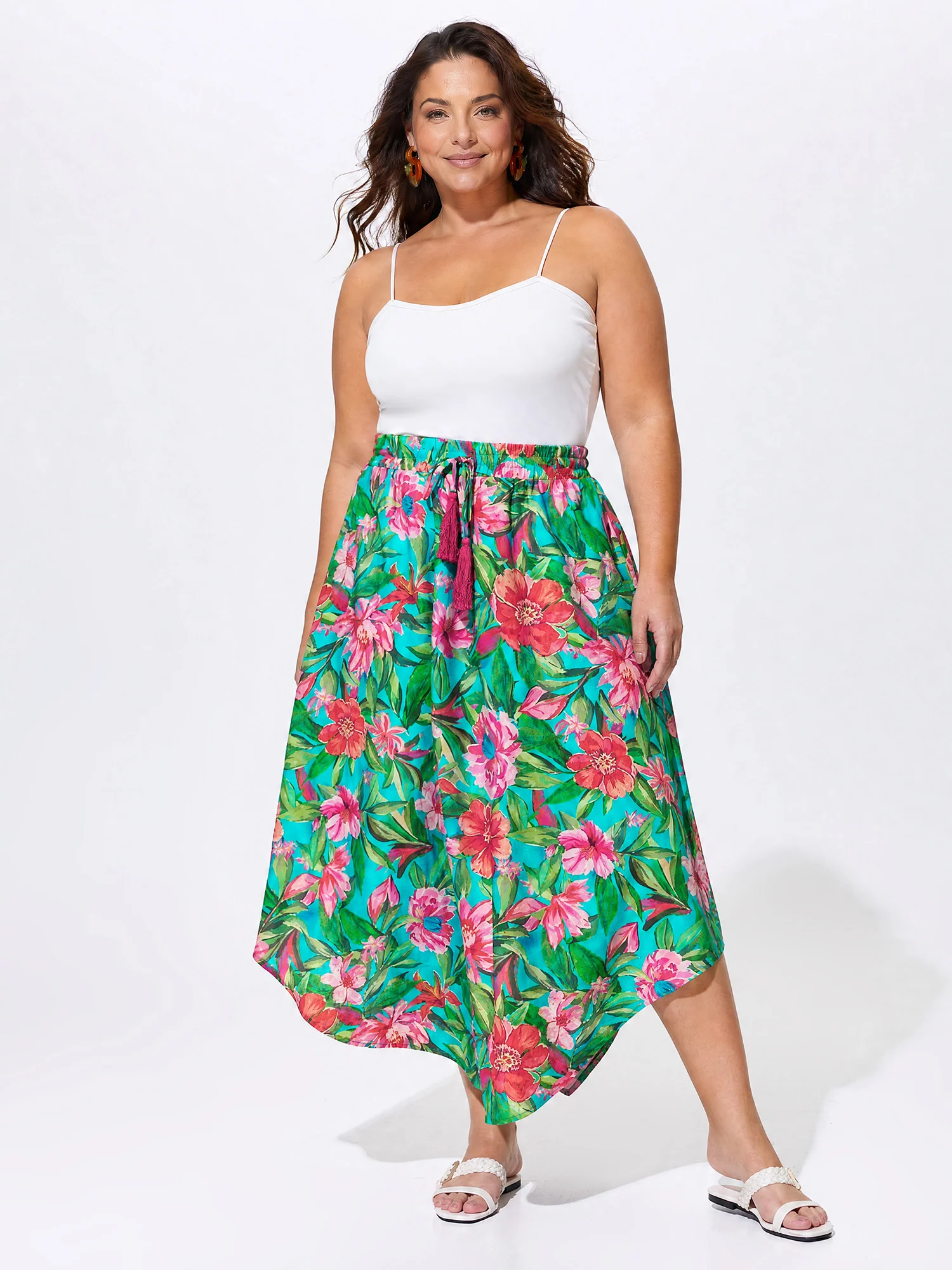 Floral Print Drawstring Waist Arc Hem Maxi Skirt