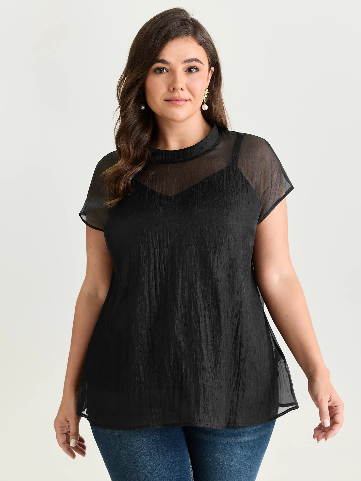 Sheer Mock Neckline Breathable Blouse