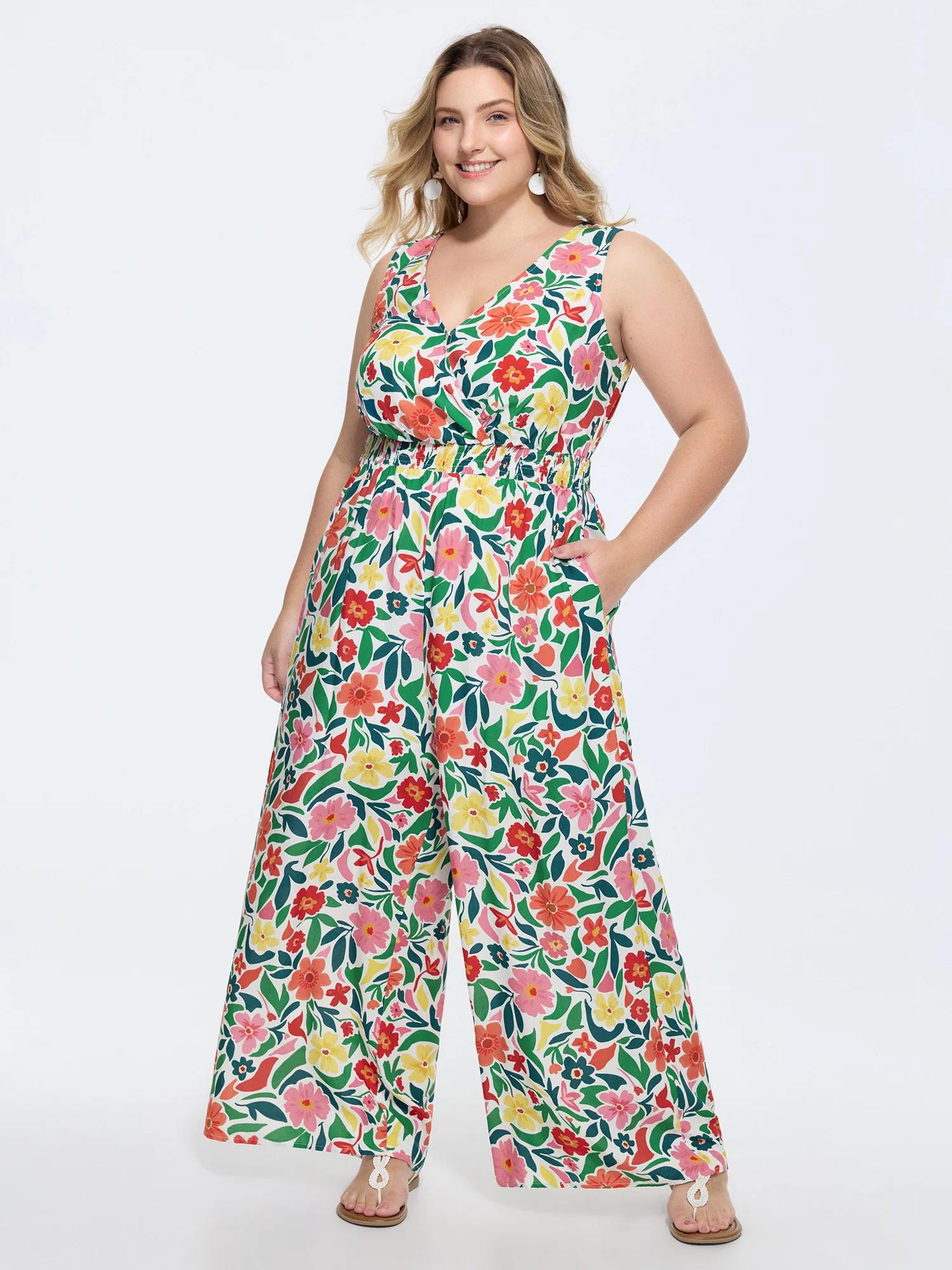 Vibrant Floral Print Shirred Waist Jumpsuit