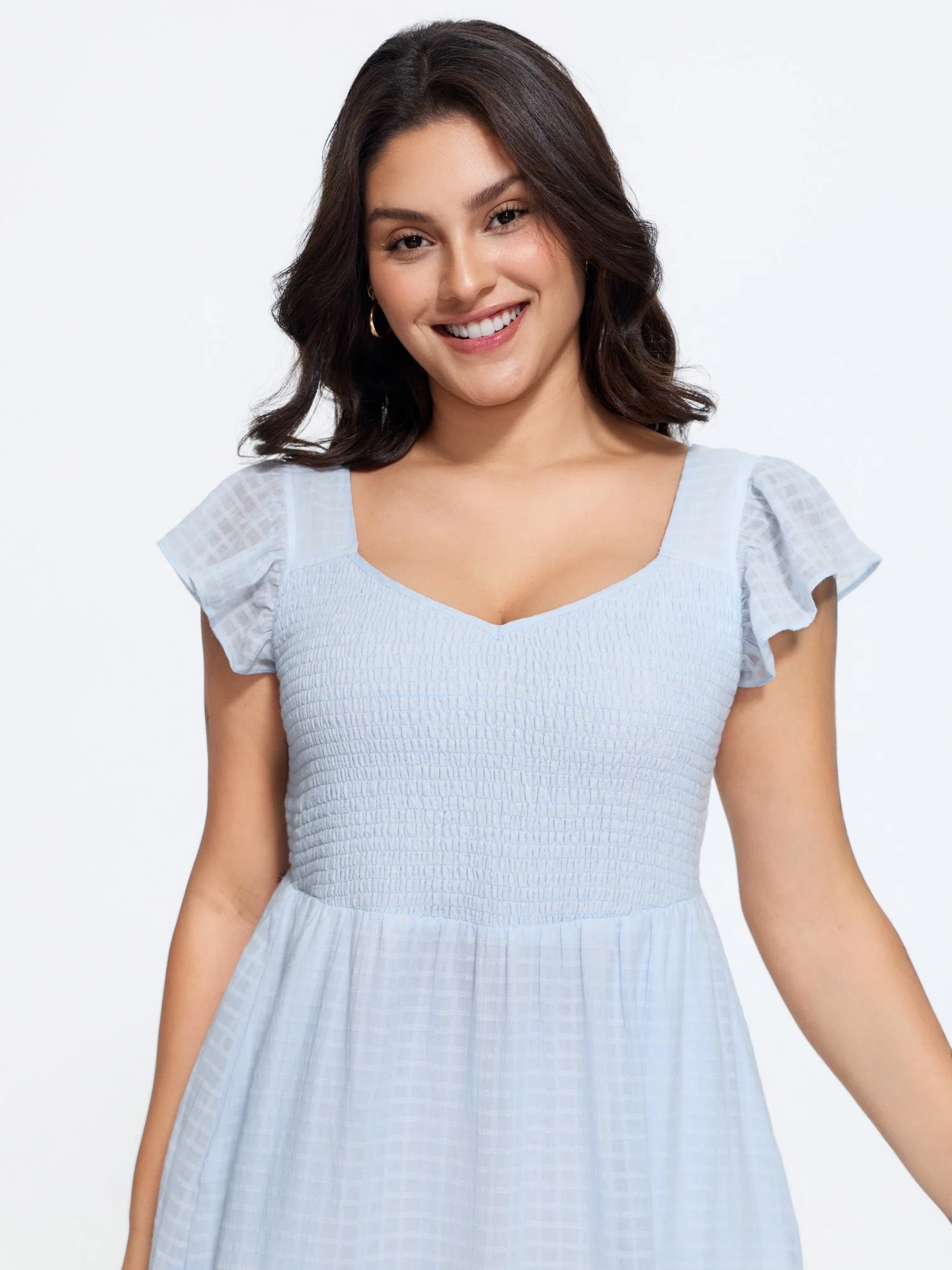 Cotton Lace Trim Ruffled Sleeve Midi Dress