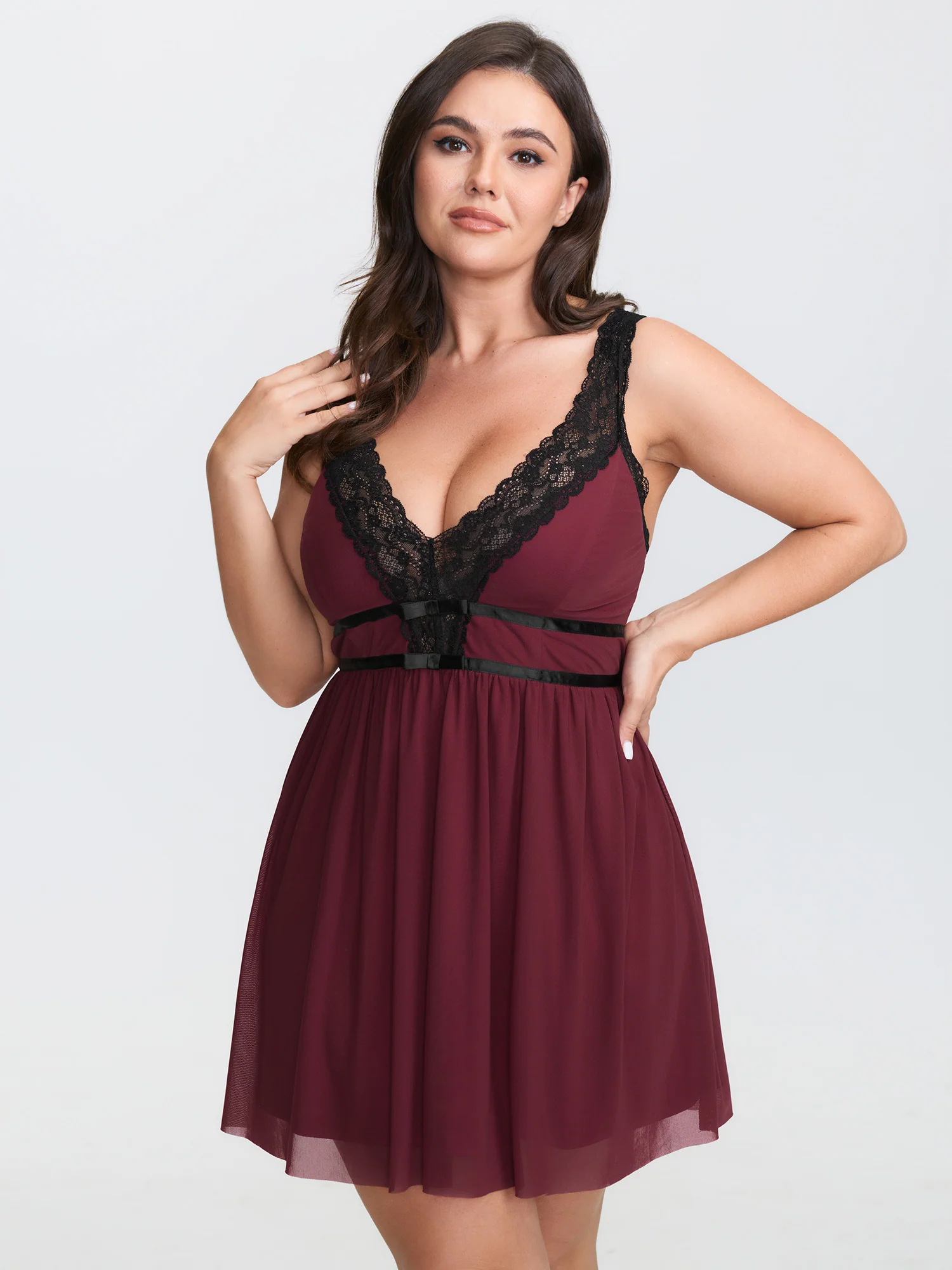 Deep Lace Neckline Cinched Nightgown