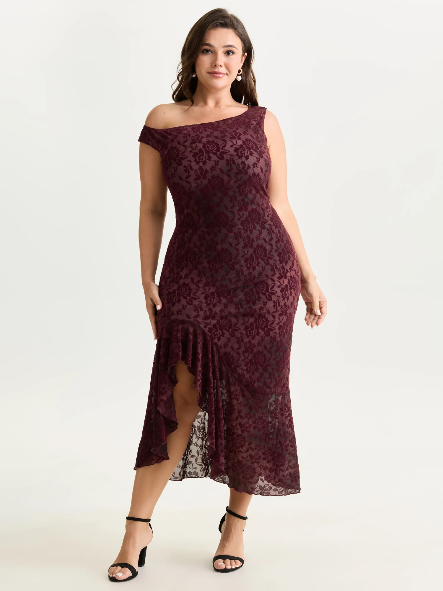 Flocked Floral Stretchy One-Shoulder Midi Dress