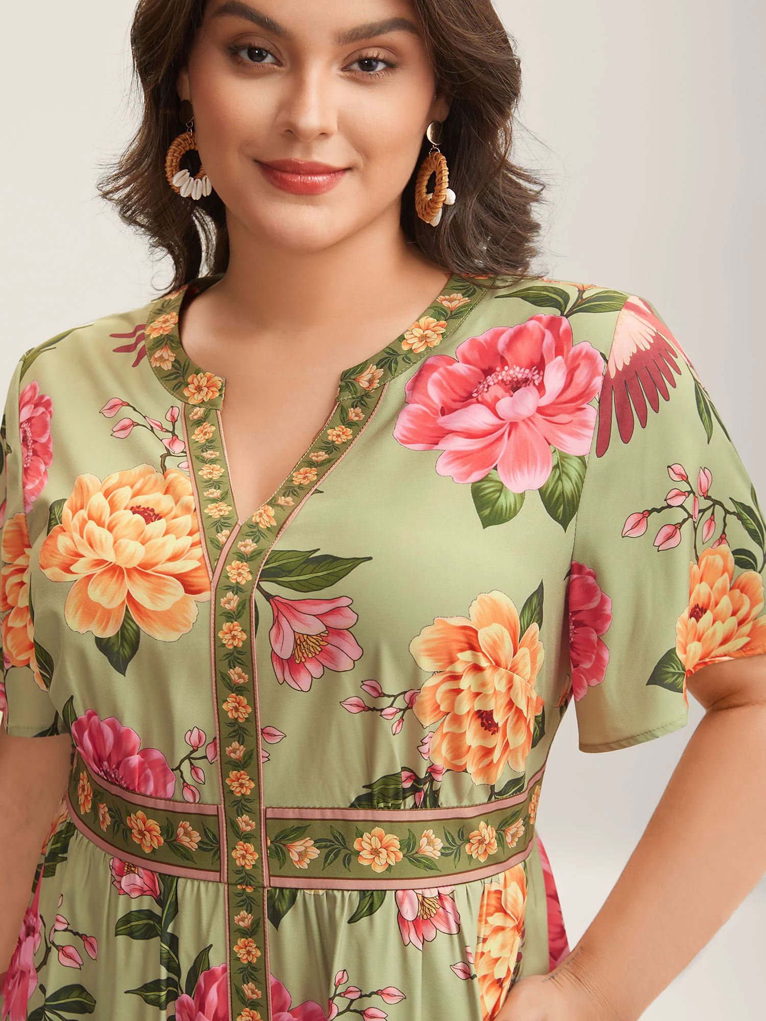 Floral Contrast Hem Split Neck Midi Dress