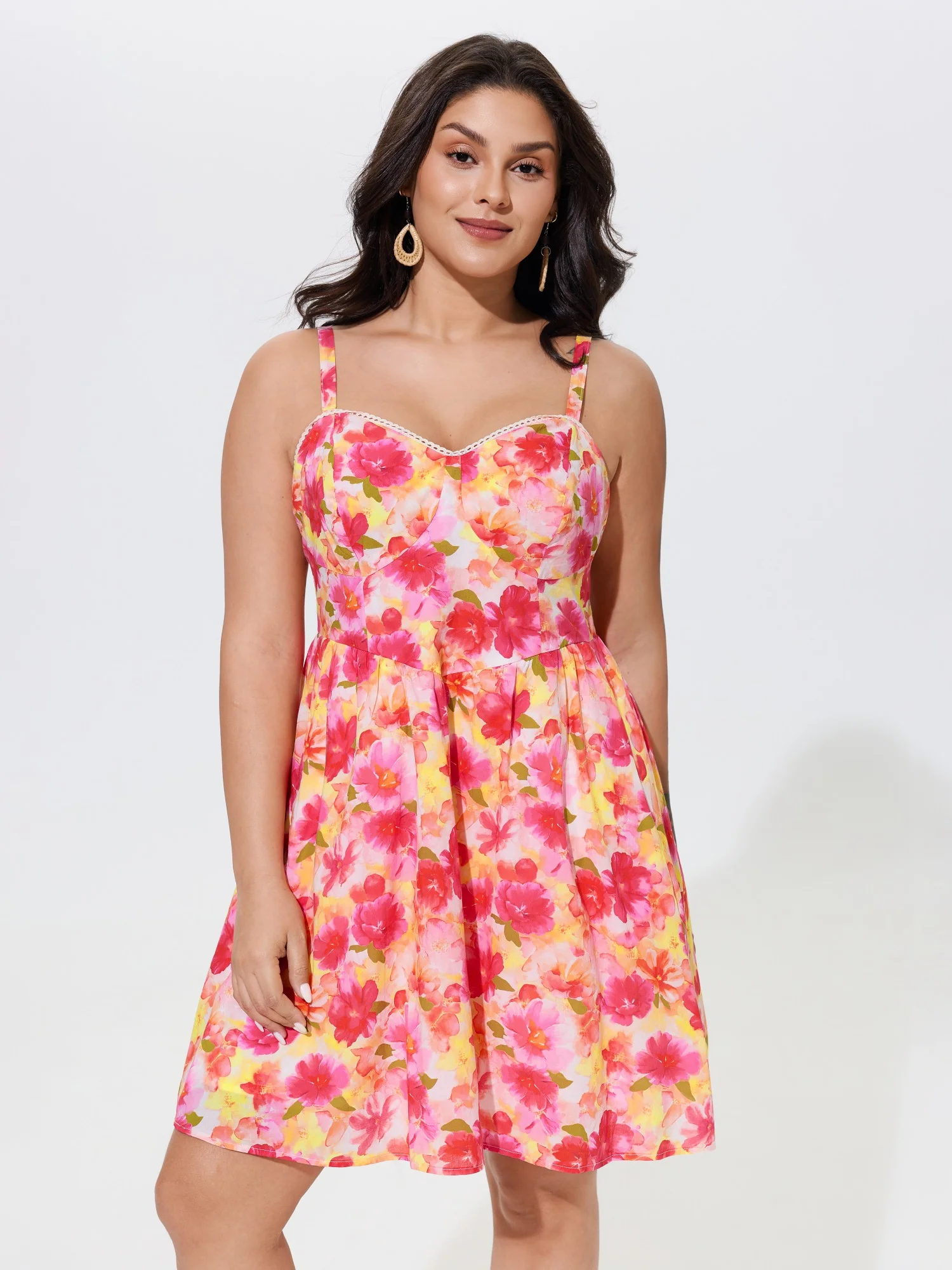 Cotton Watercolor Floral Print Lace Trim Mini Dress