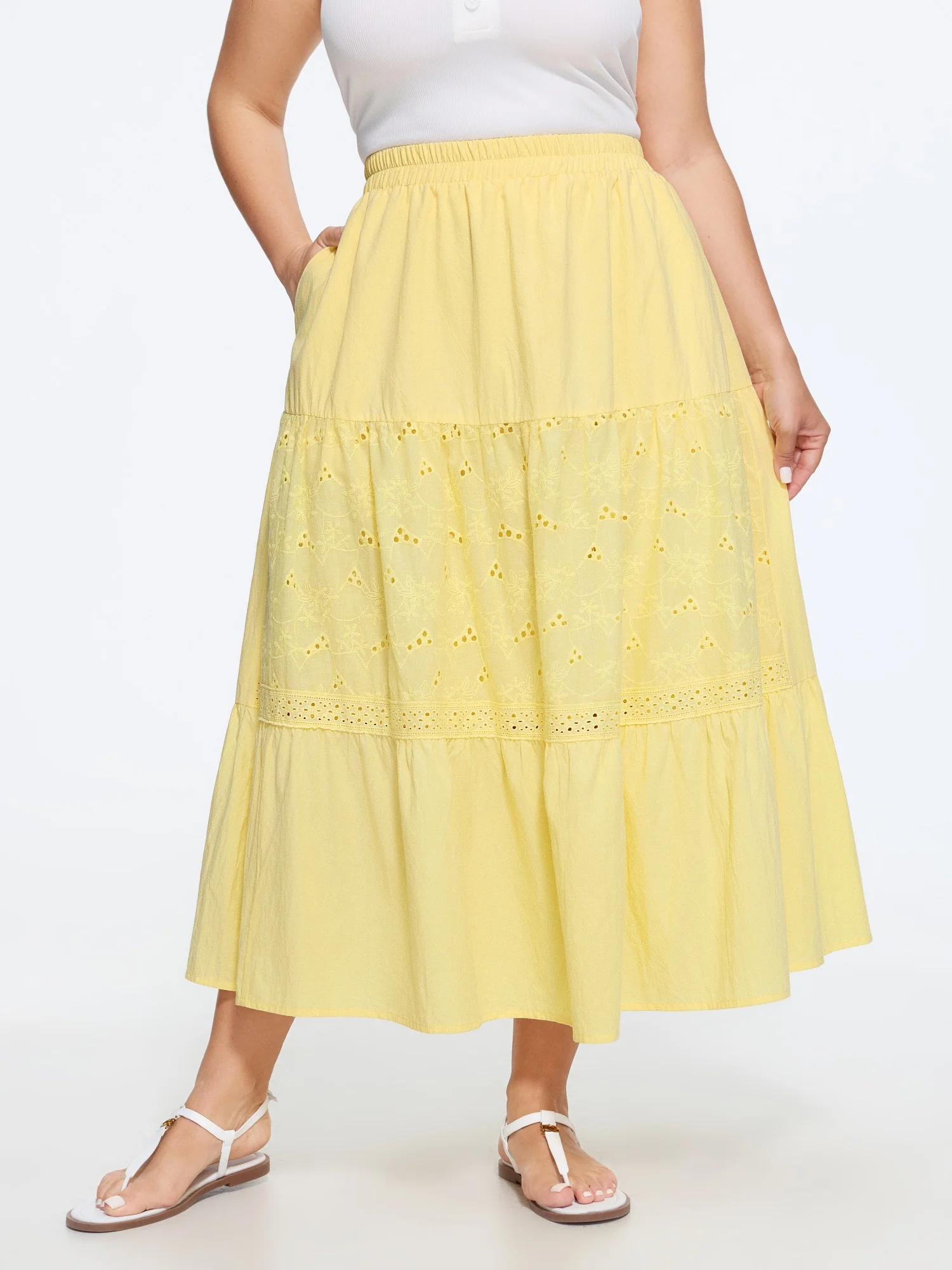 Cotton Eyelet Patchwork Tiered Midi Skirt