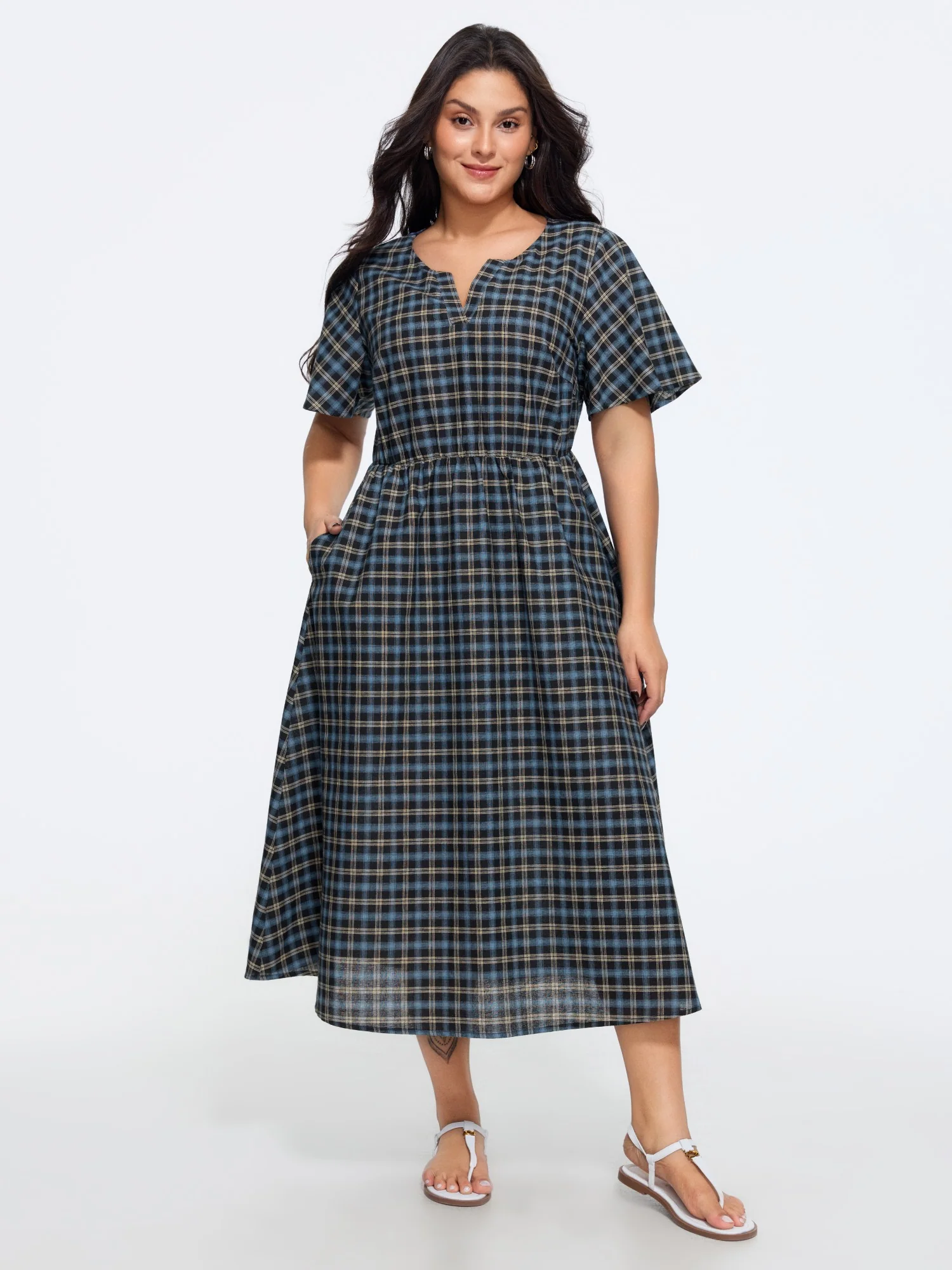 Plaid Print V Neck Ruched Side Pocket Midi Dress