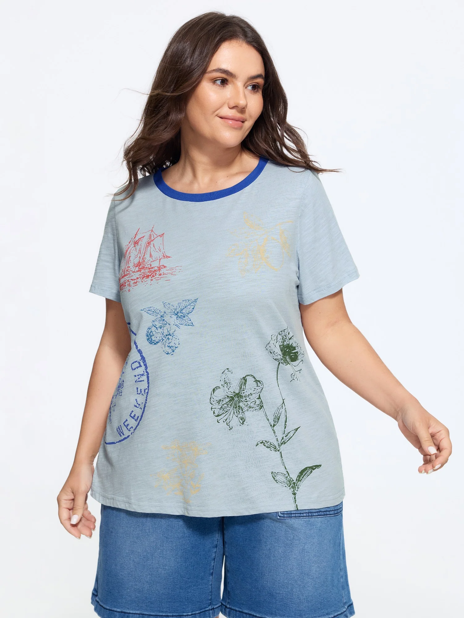 Cotton Crew Neck Plant Print Loose T-Shirt