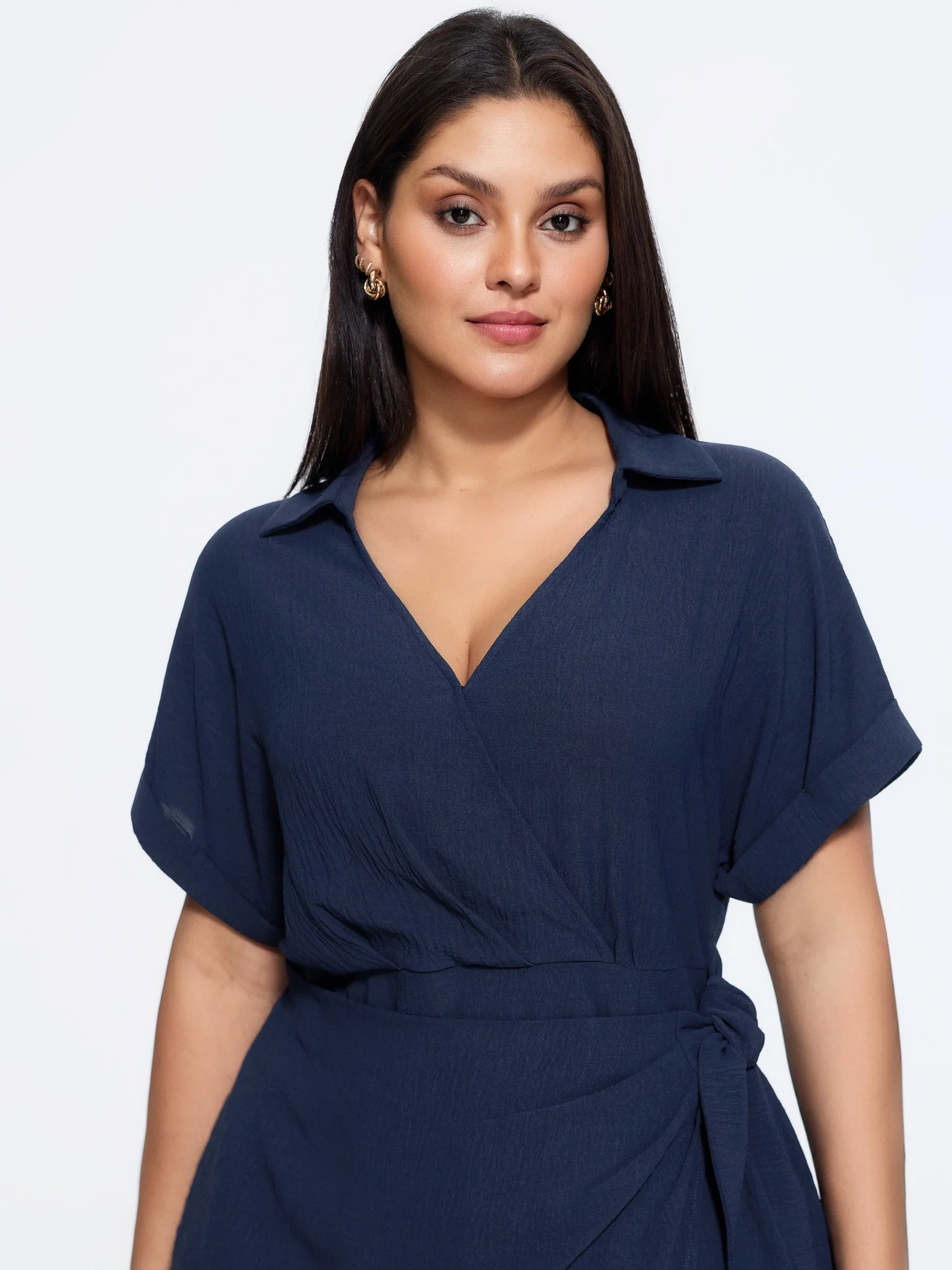 Textured Cuffed Sleeve Wrap Tie Mini Dress