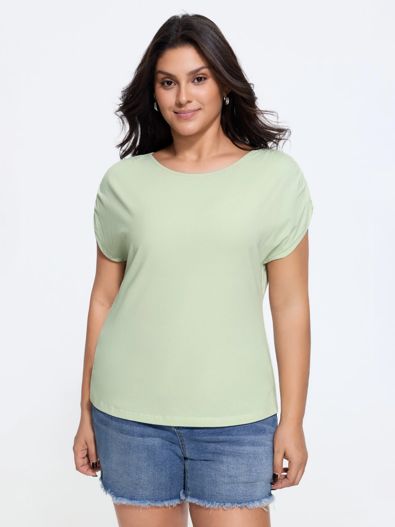 Cotton Gathered Sleeve Casual Plain T-Shirt