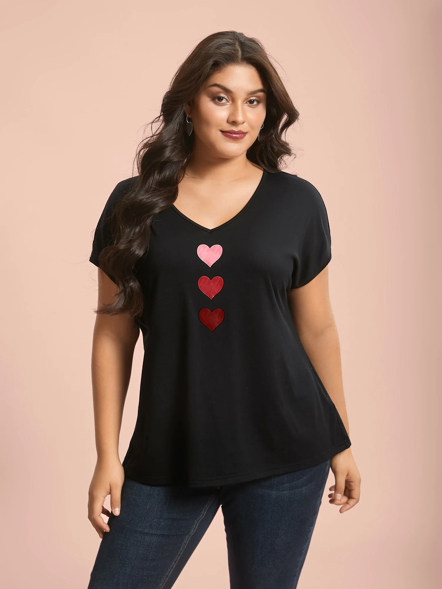 Heart Print Stretchy Dolman Sleeve T-Shirt