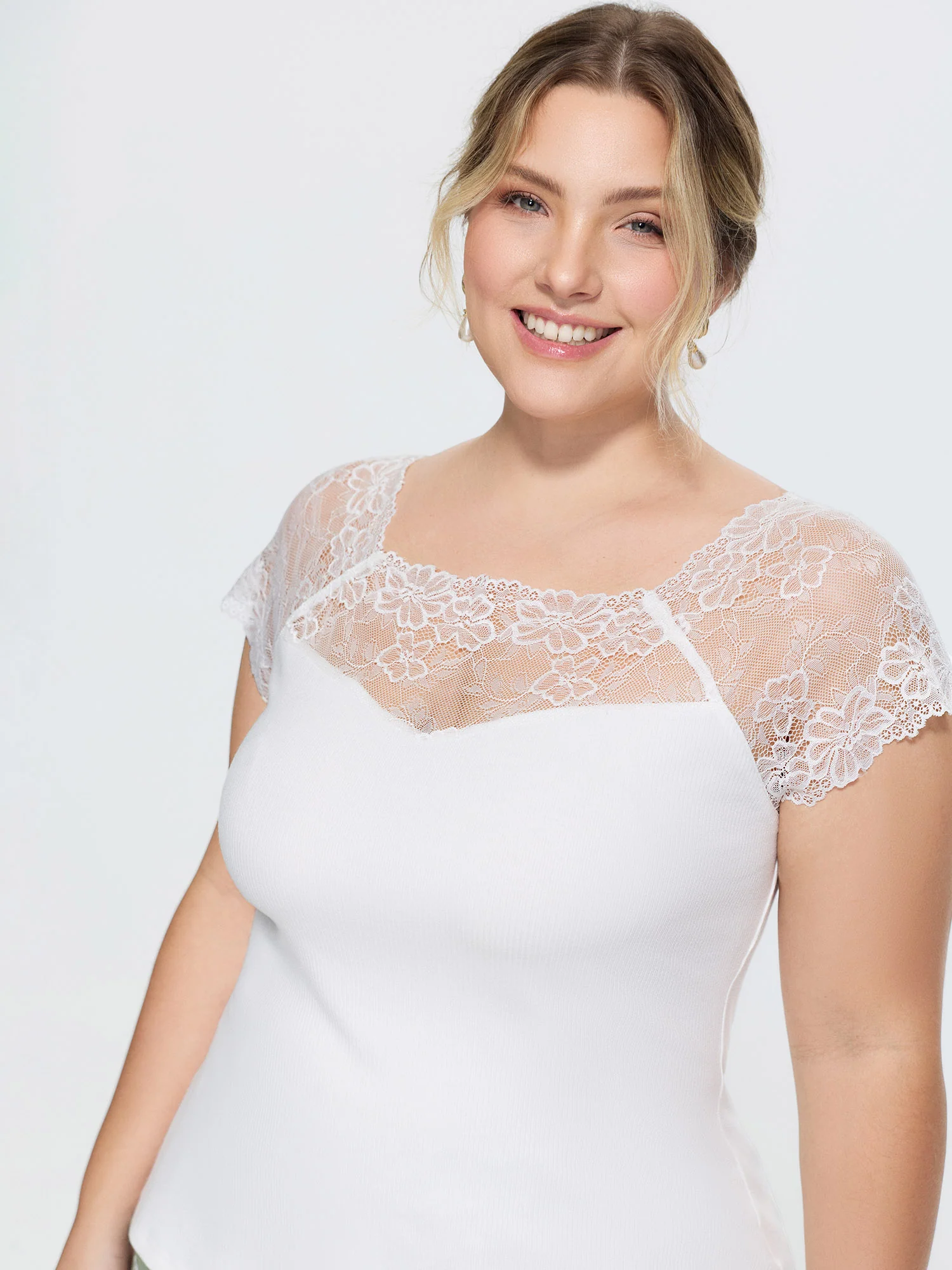 Sheer Lace Neckline Plain Knit Top