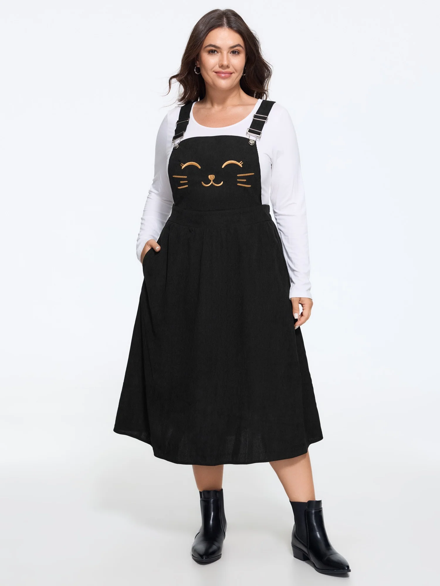 Happy Cat Embroidery Overall Straps Midi Dress