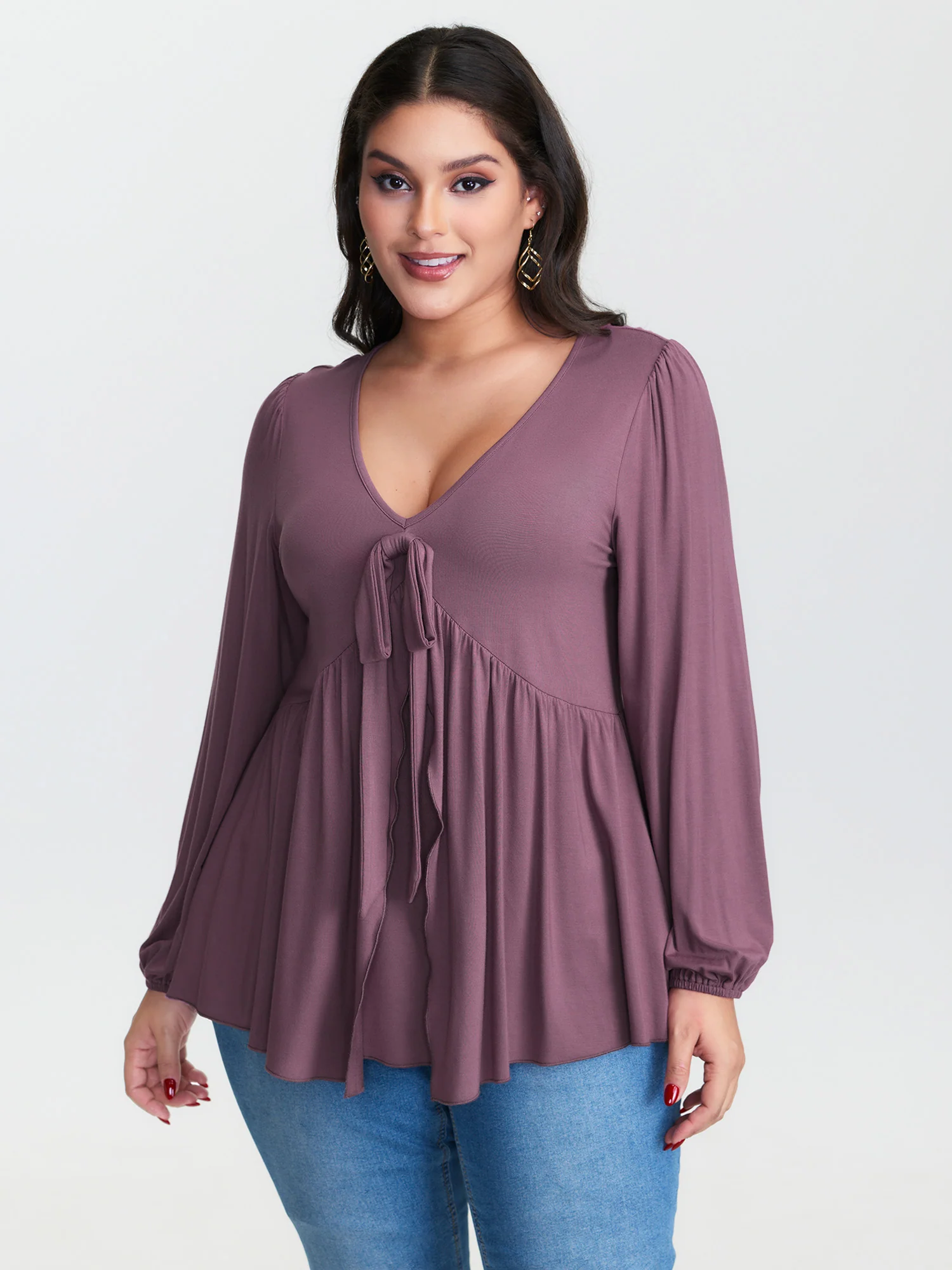 Stretchy Waistband Tie-Front Ruffled Knit Top