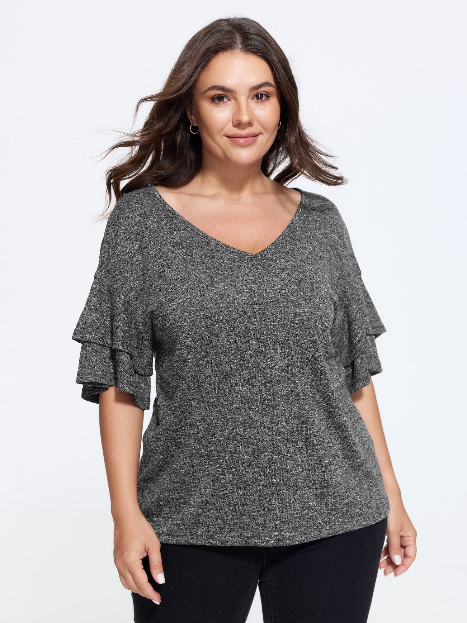 Supersoft Stretchy Double Ruffle Sleeve Casual Top