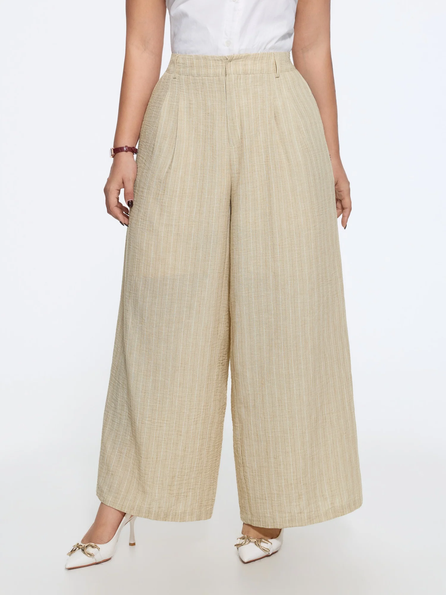 Textured Striped Pleated Wide Leg Pants