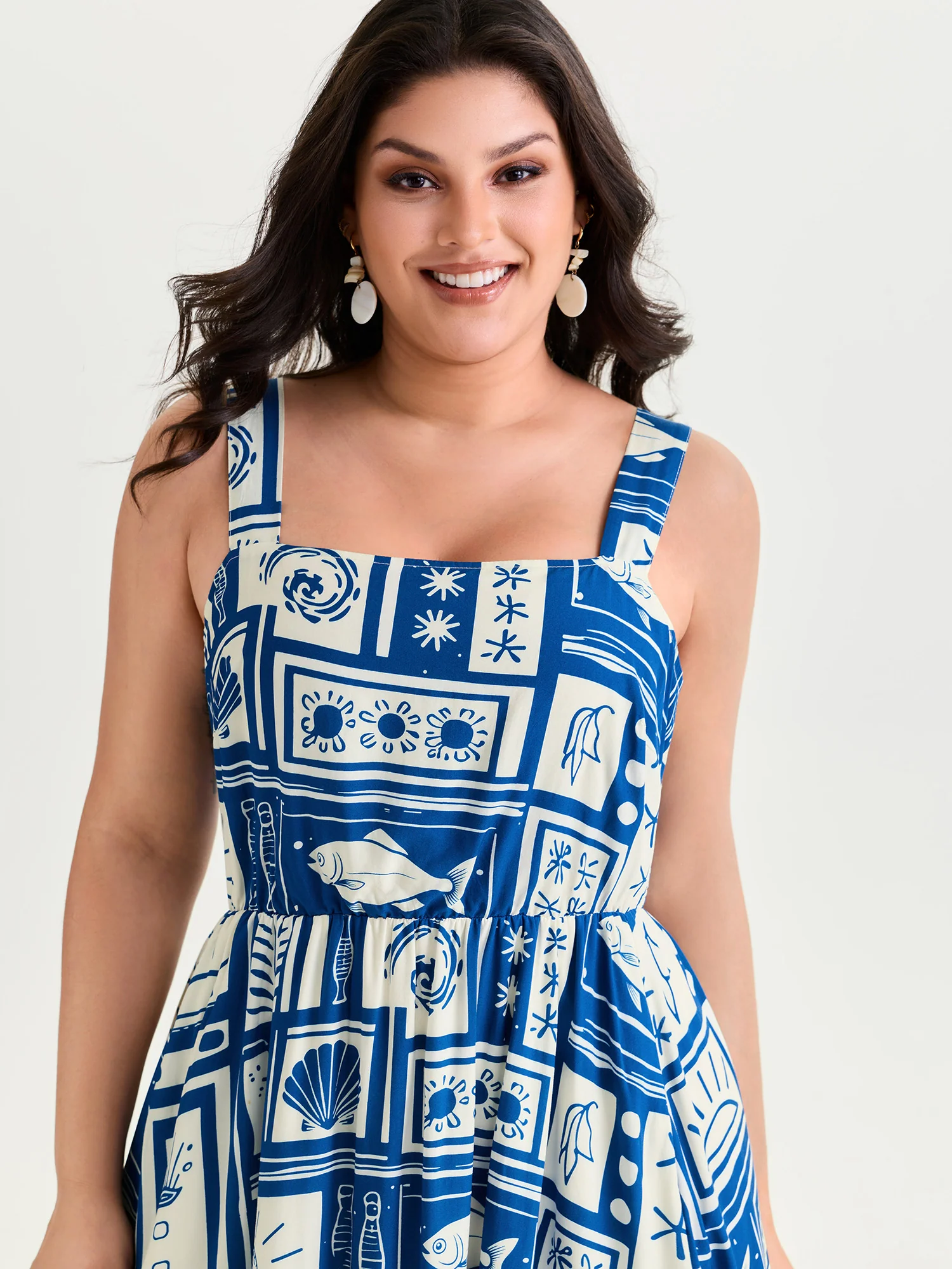 Nautical Print Shirred Tiered Adjustable Straps Midi Dress