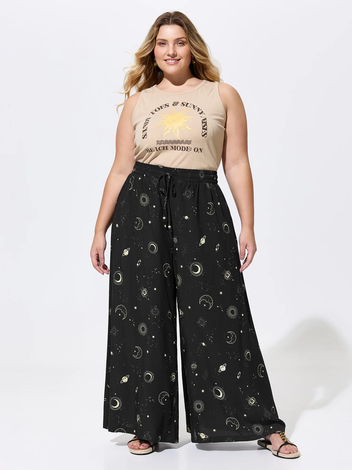 Star Moon Print Flowy Pants