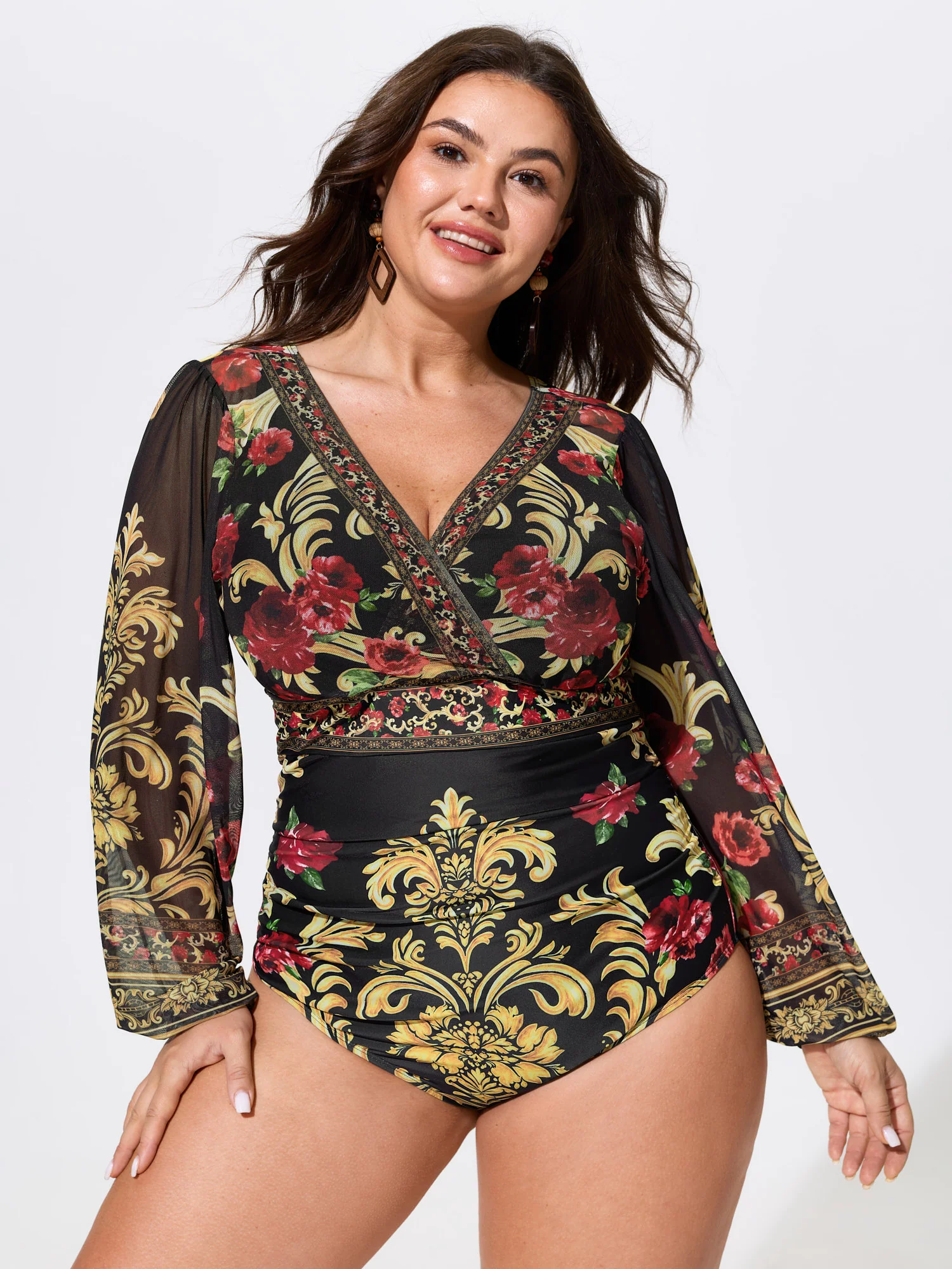 Sheer Floral Print Full-Coverage One-Piece Swim