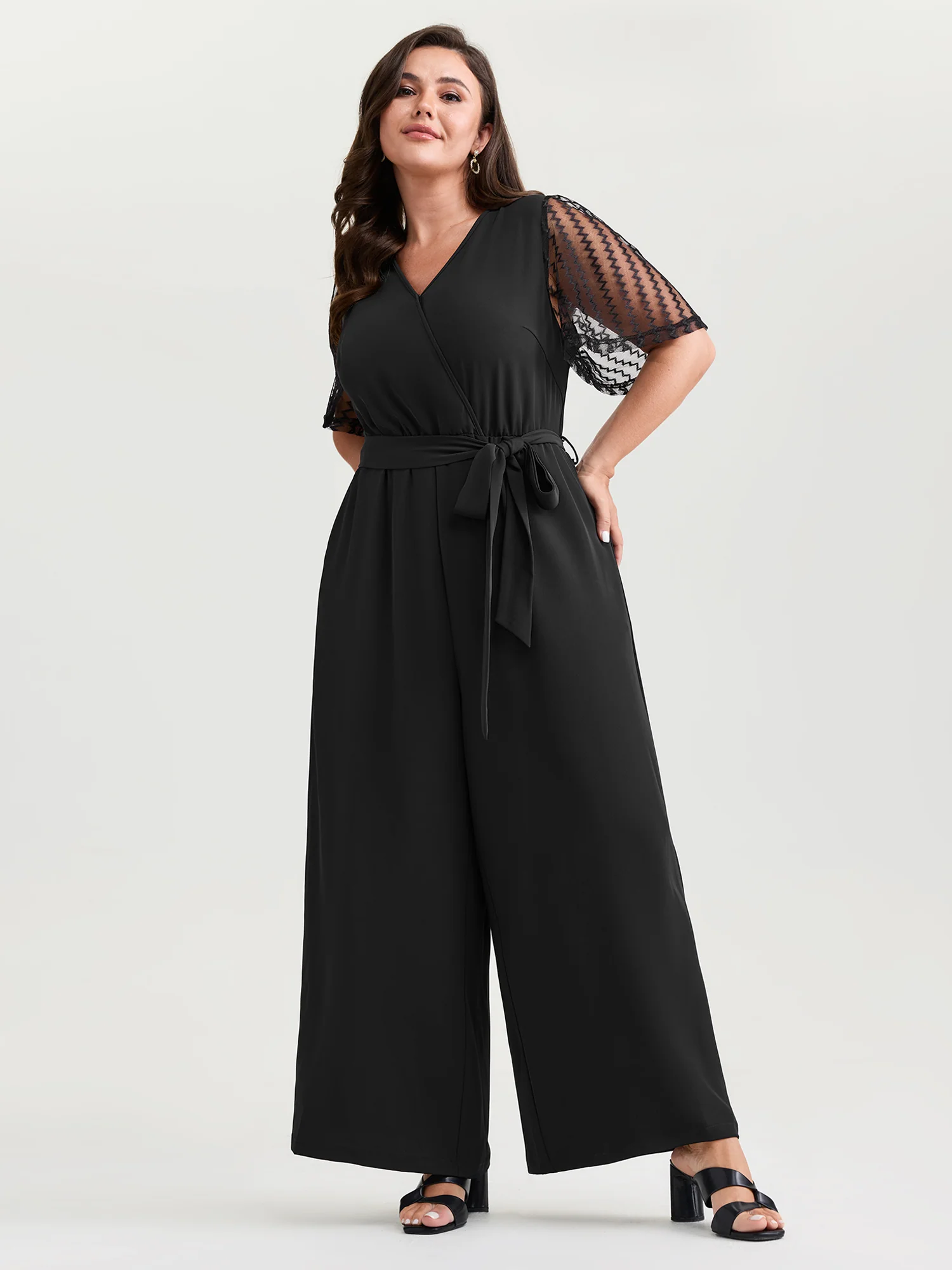 Textured Sheer Sleeve Stretchy Waist Tie Jumpsuit