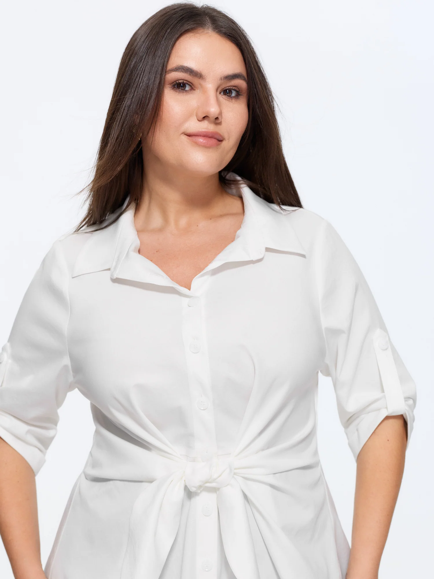 Solid Lapel Collar Knotted Front Waist Shirt