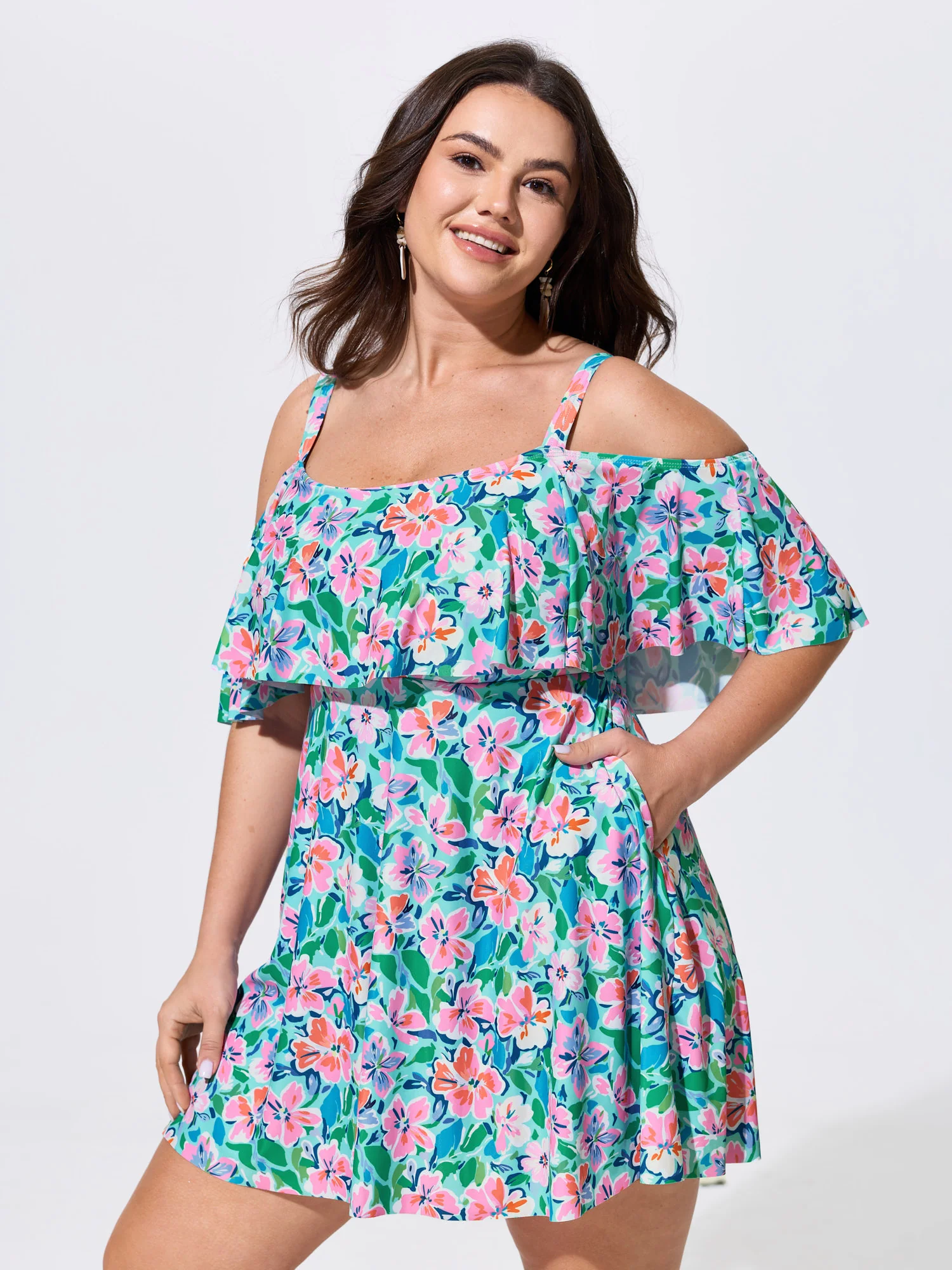Floral Ruffle Trim Off Shoulder Pockets Swim Dress