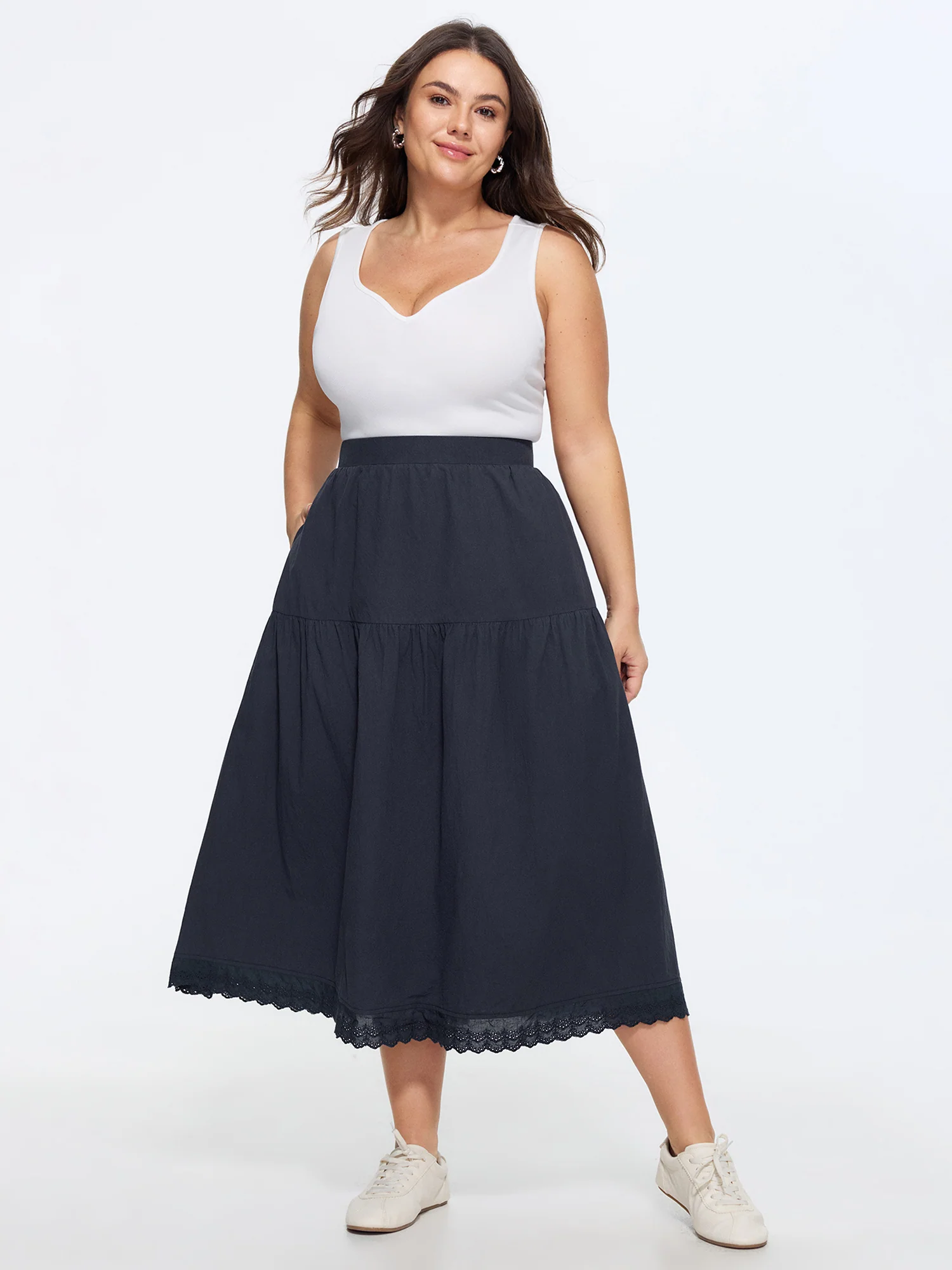 Cotton Lace Trim Tiered Flowy Maxi Skirt
