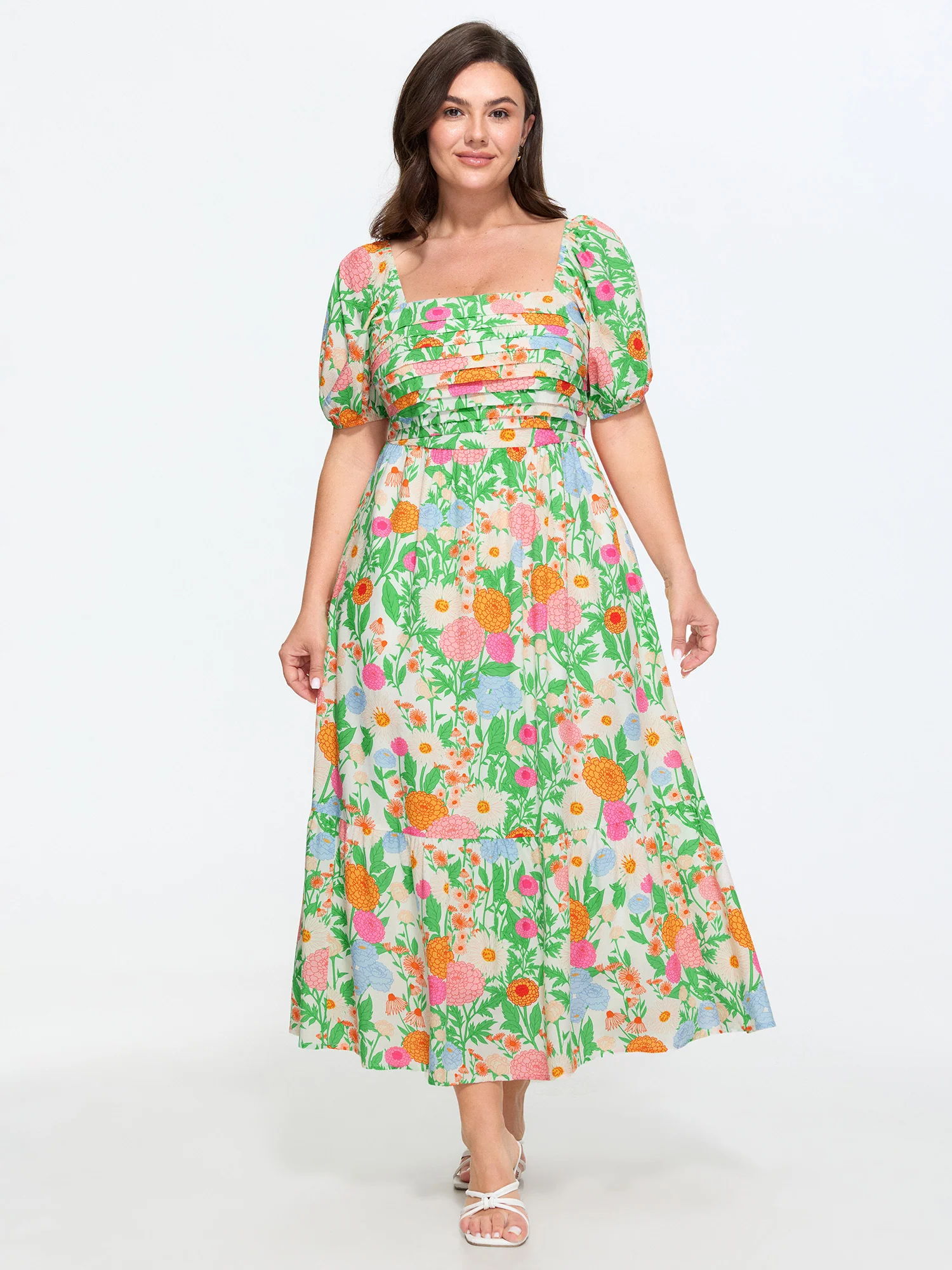 Floral Print Pleated Square Neckline Midi Dress
